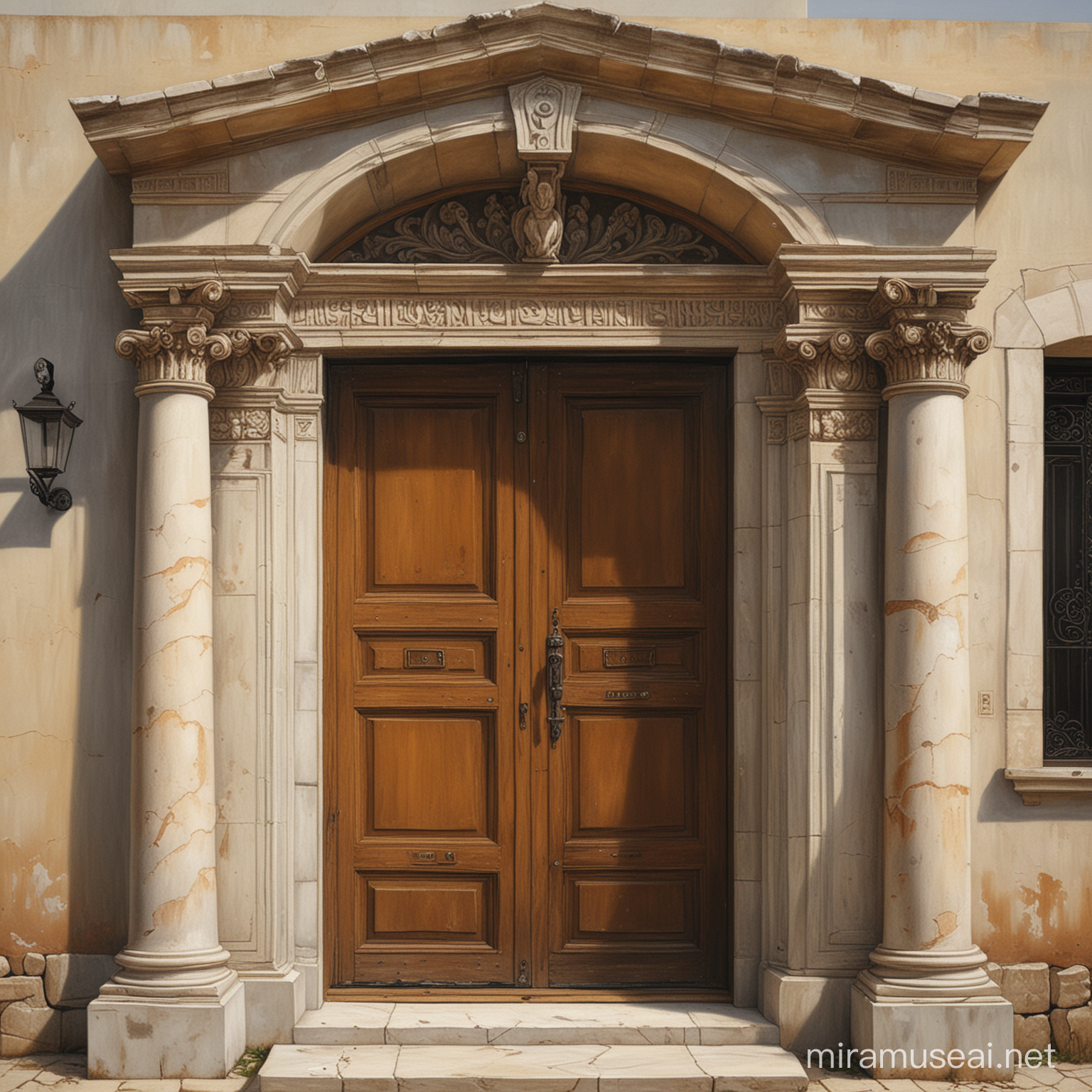 a realistic front view of a greek renaissance entrance in oil painting