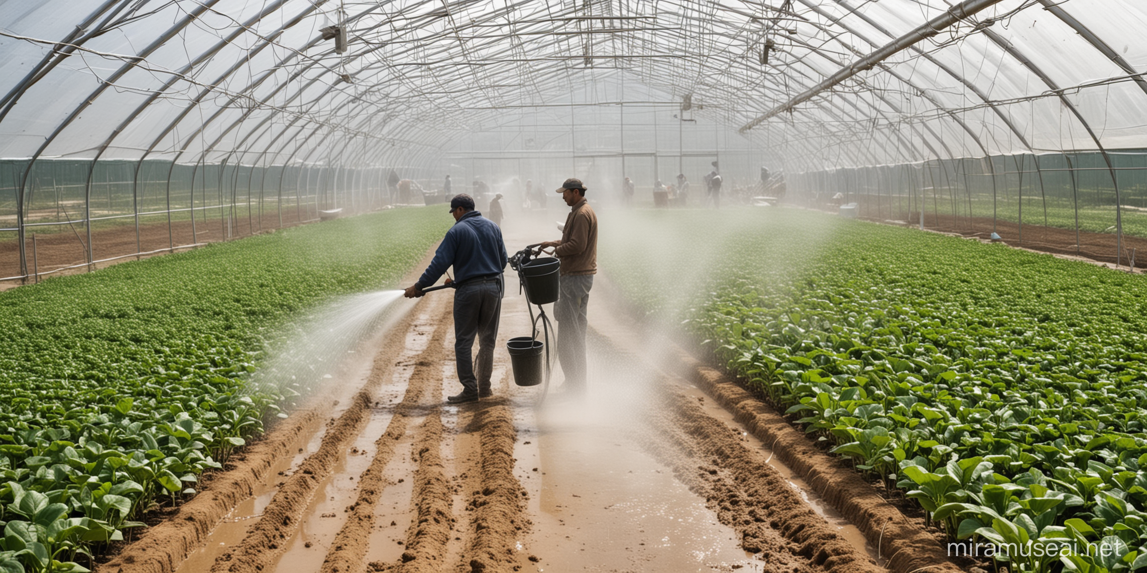 Efficient Watering Practices in Greenhouses Farmers Tending to Crops
