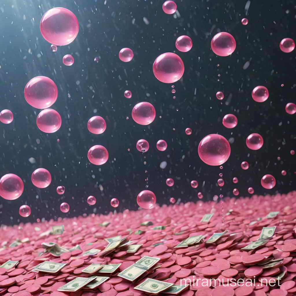 Pink Bubbles Raining Money Whimsical Scene of Prosperity and Joy