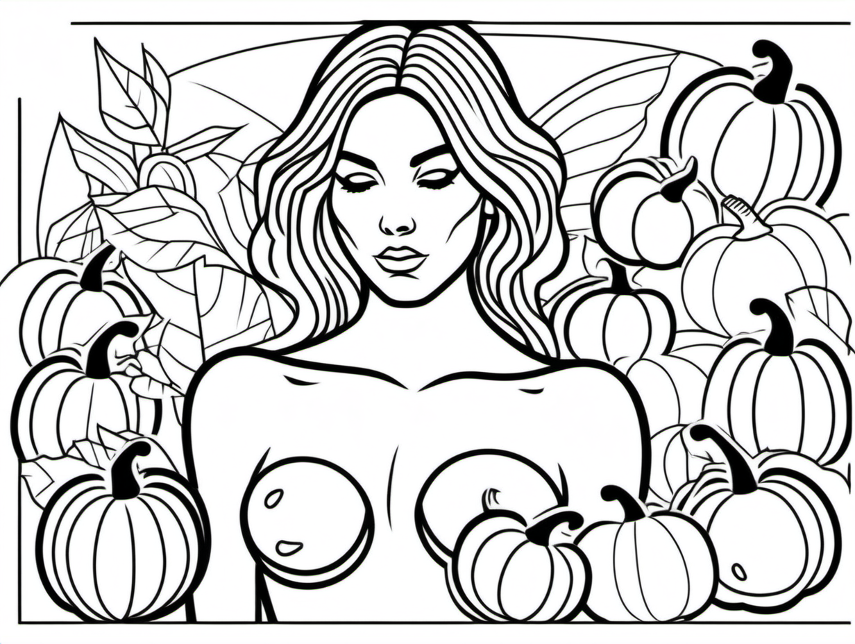 minimalist, line art, pumpkin clipart, topless woman for coloring