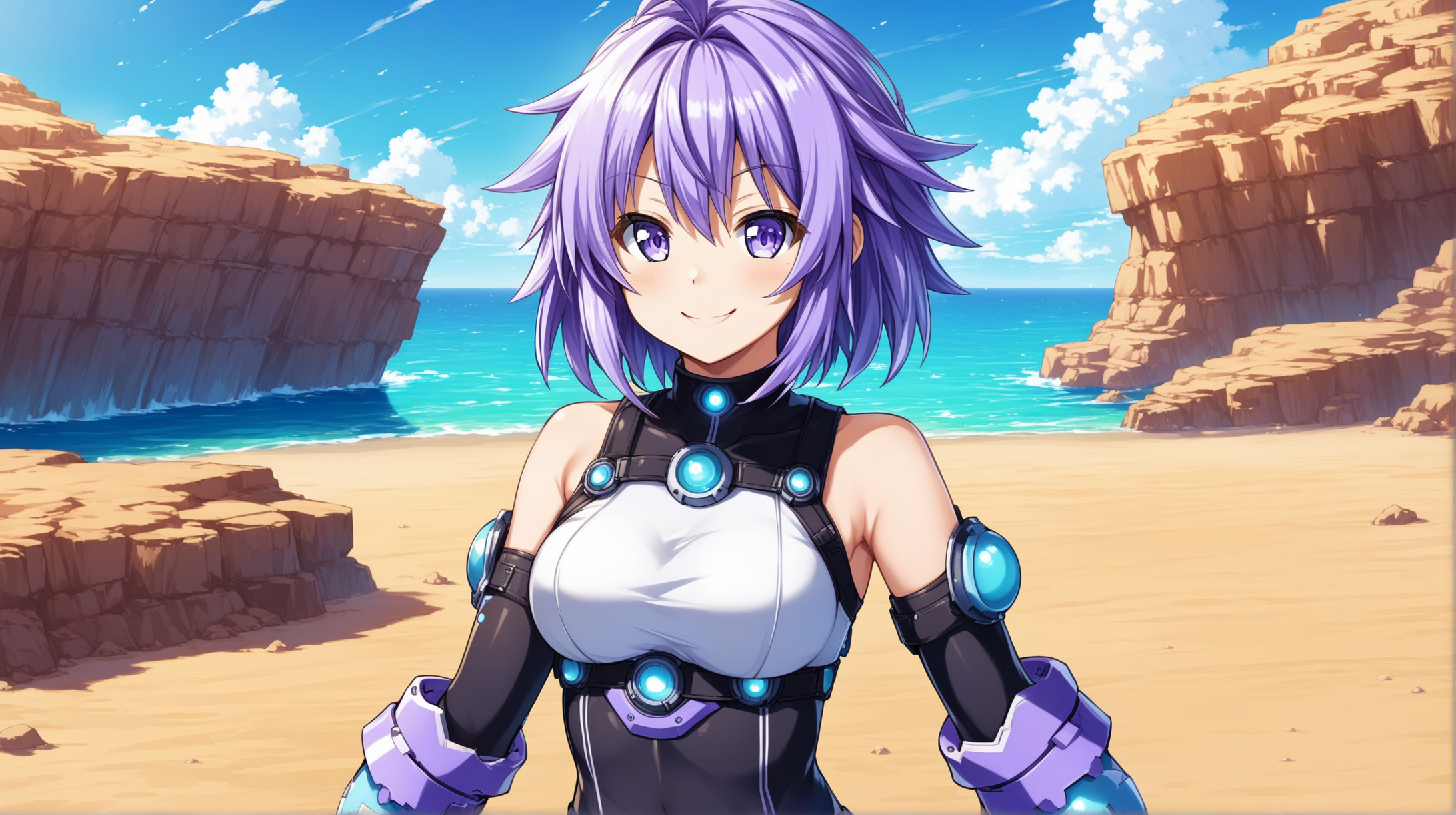 Neptune from Hyperdimension Neptunia in Falloutinspired Attire Relaxing Outdoors with a Friendly Smile