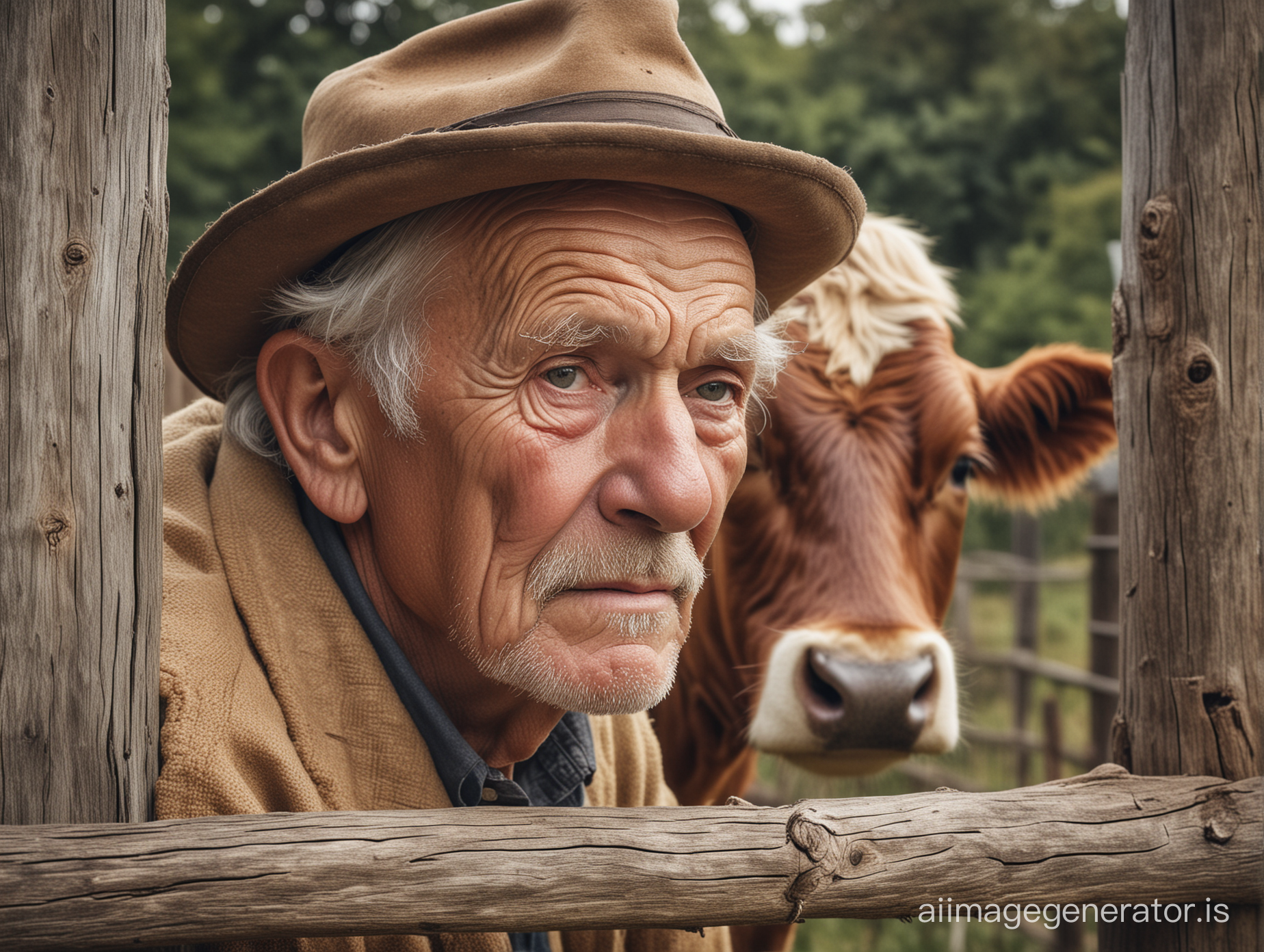 A detailed photograph of an old man with a wrinkled face and a thoughtful look about the meaning of life in simple rustic clothes near a wooden fence. There is a cow next to the old man