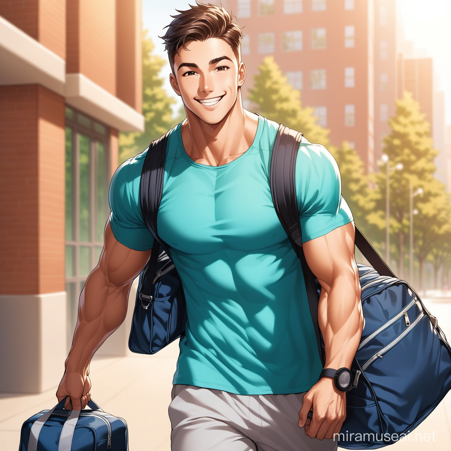 gym boy with muscles smiling and leaving off to college with a bag on 
