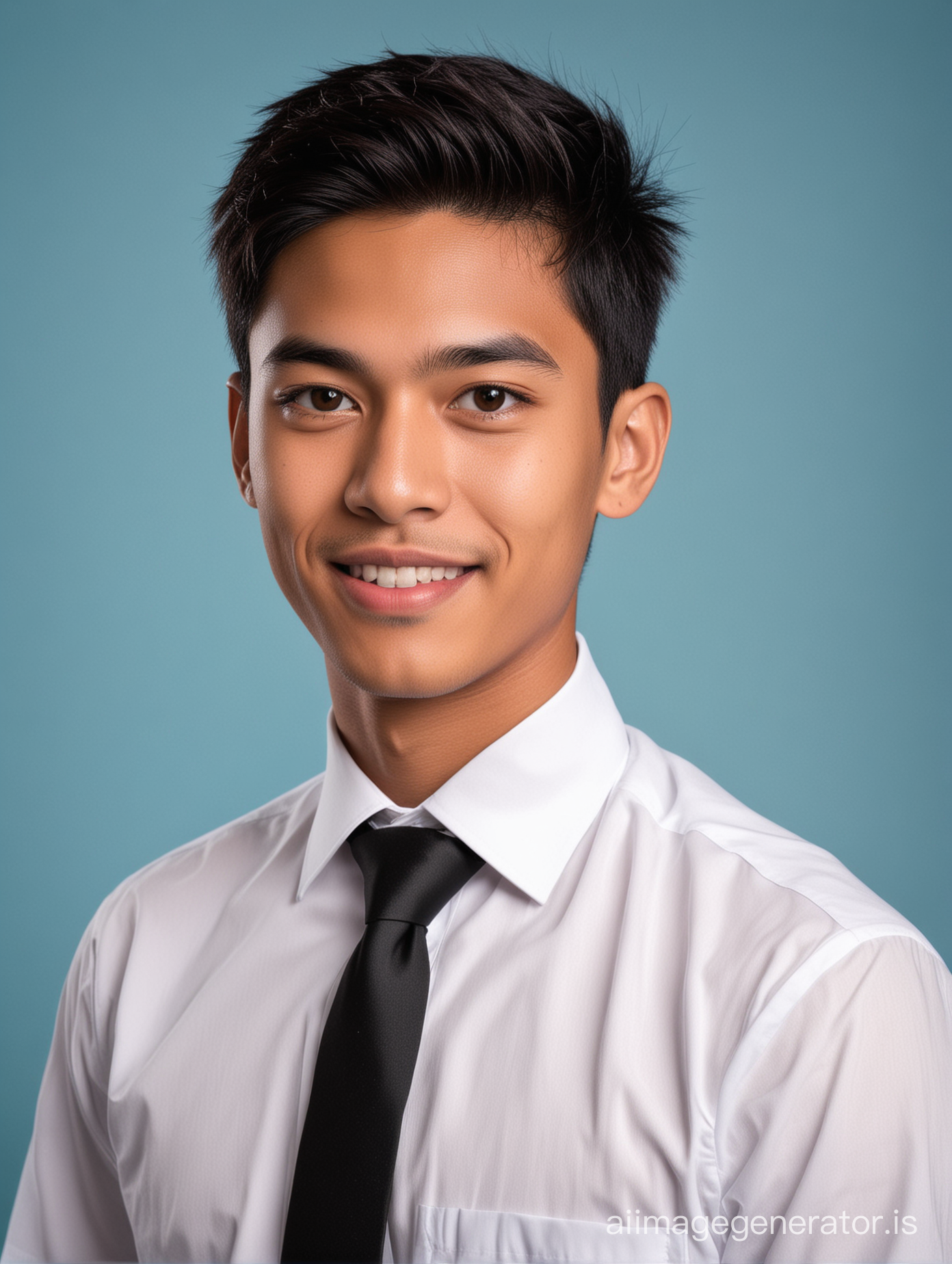 A malay young man, handsome, black short neat hair. Wearing white shirt and black tie. For school photo.. blue background.