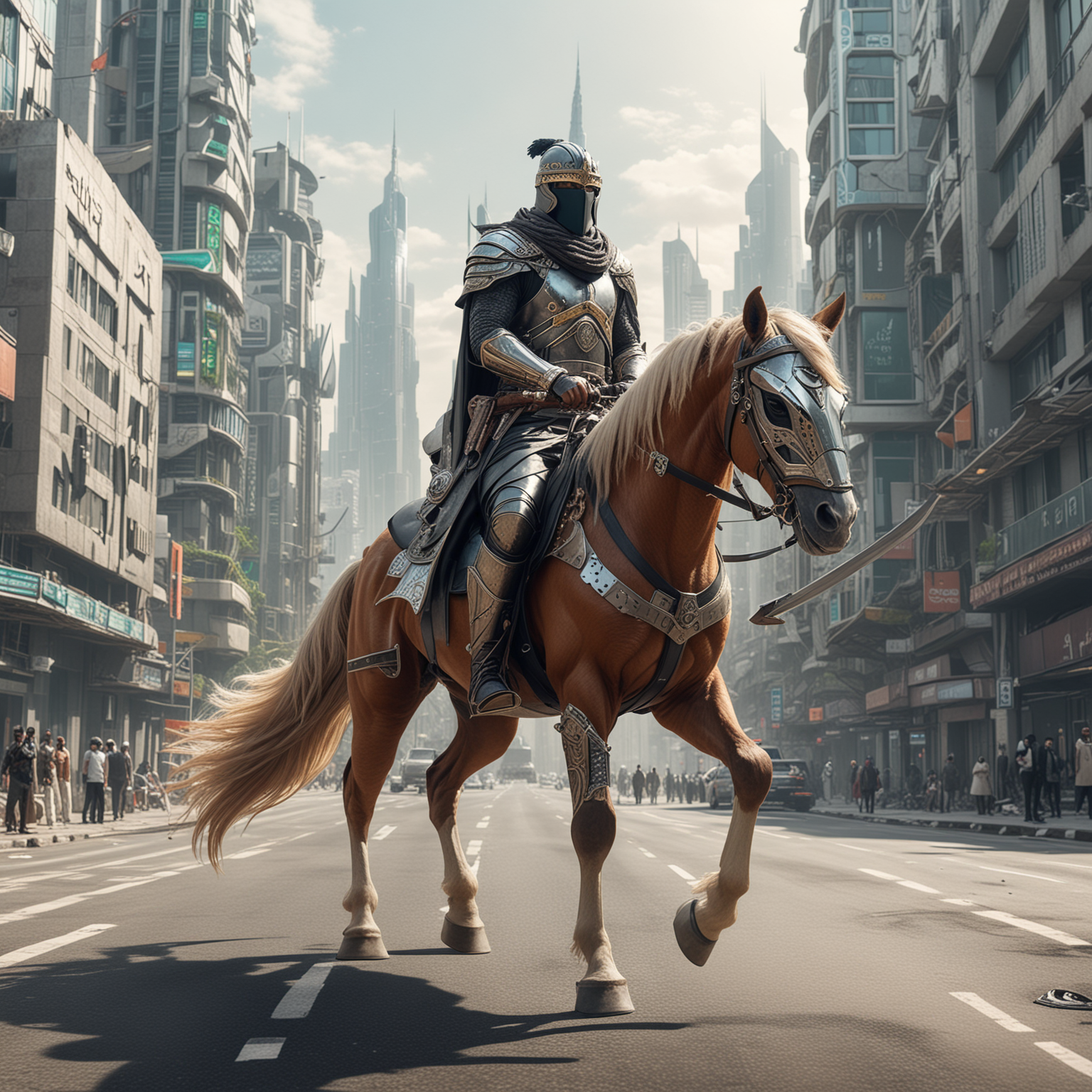 A Muslim king horse riding in the road of an eco-friendly futuristic city, wearing a nice helmet, with a futuristic sword on his belt, and his face covered with a mask that resembles a falcon