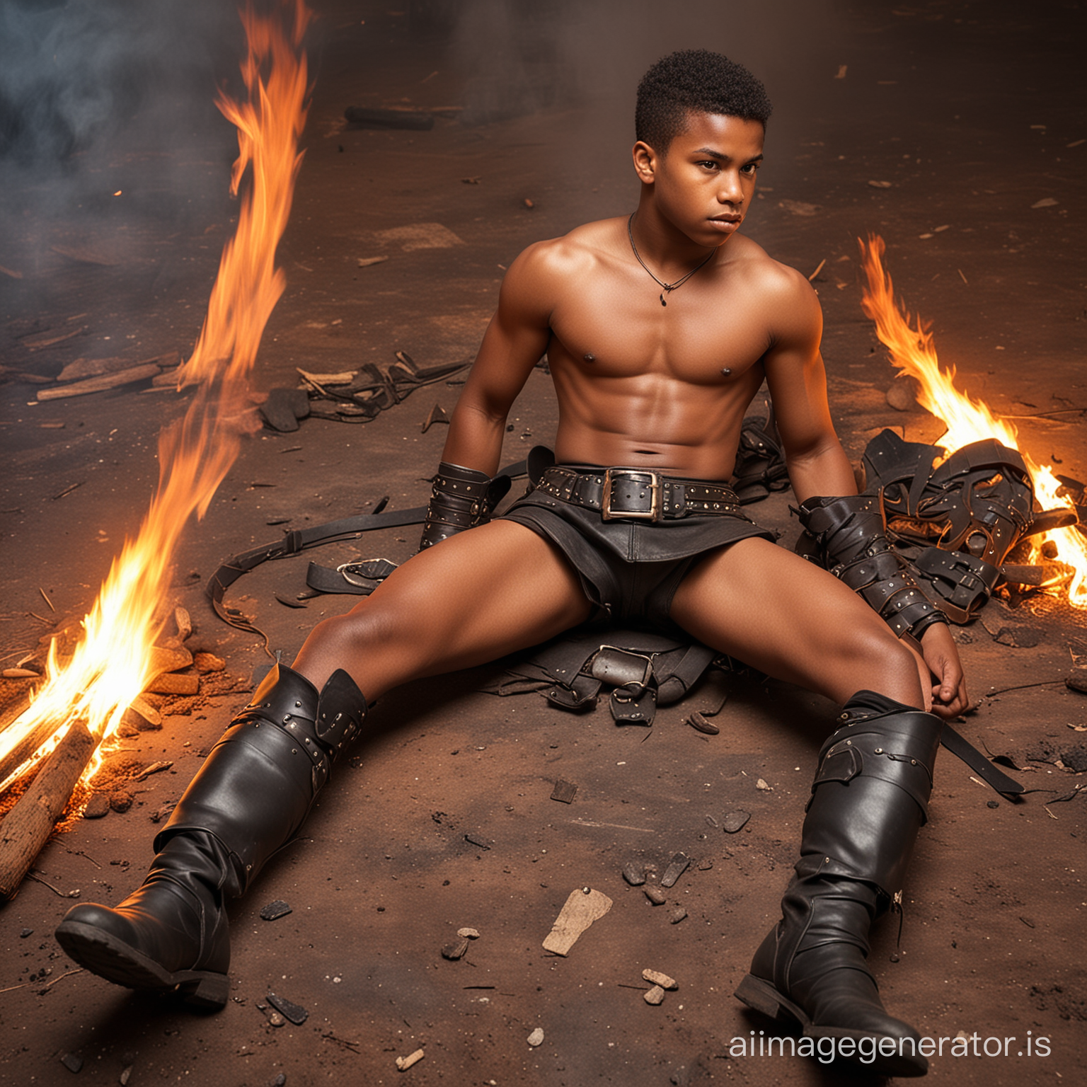 A very young black shirtless muscular teenage boy warrior, wearing a very short loincloth, a big leather belt and boots, lying on the ground, fire background.