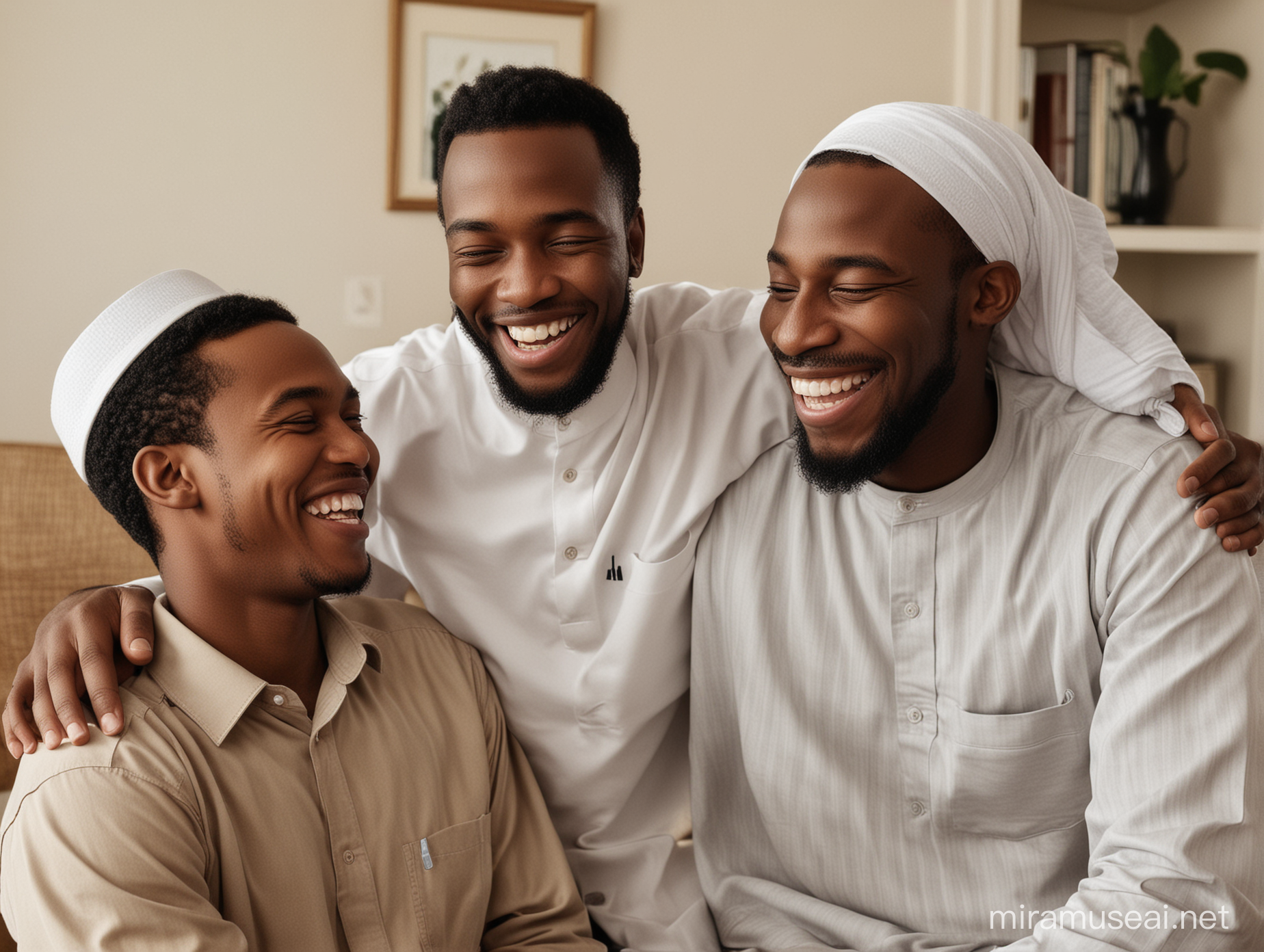 Joyful Black Muslim Brothers Sharing Laughter at Home