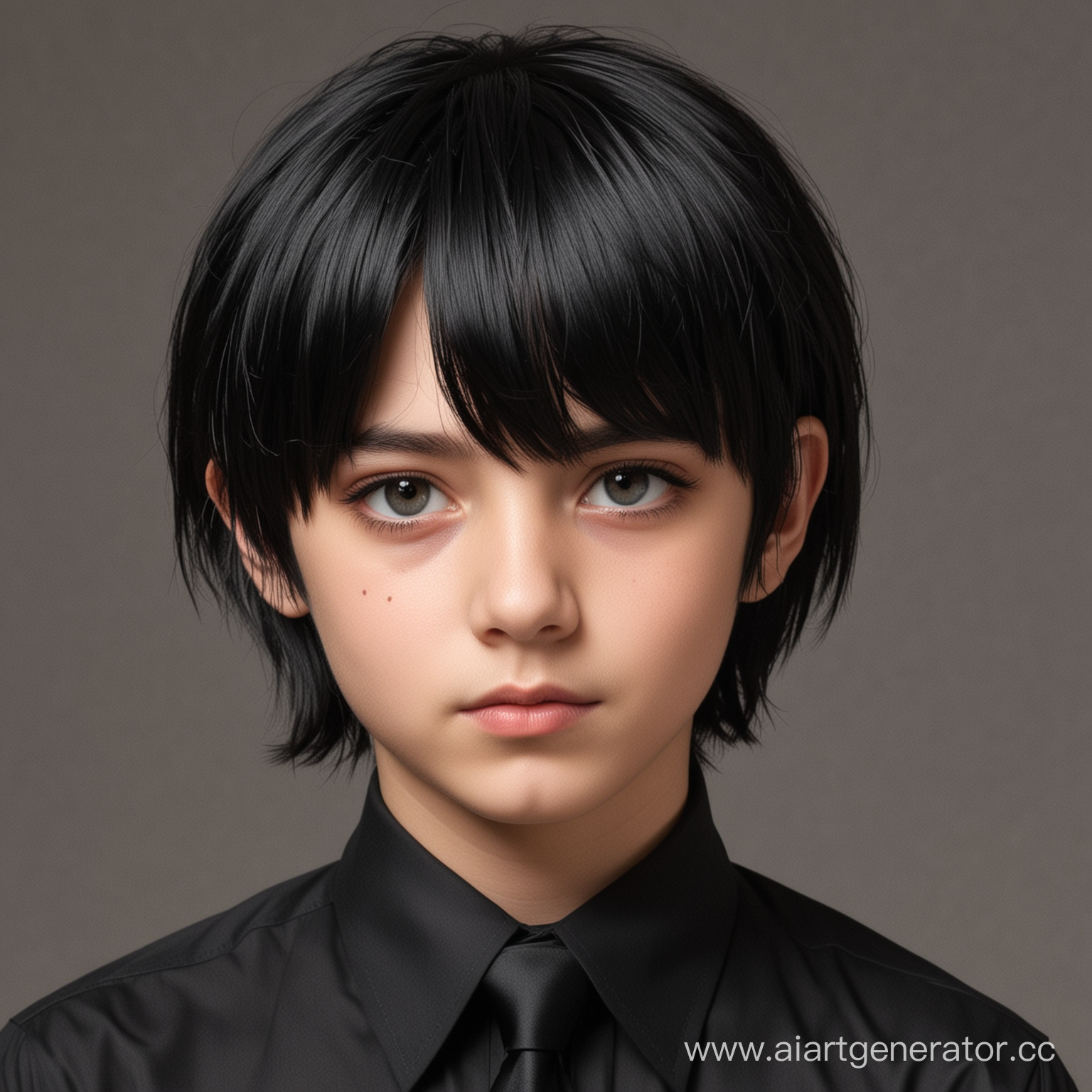 Мальчик с черными волосами профиль в рубашки с черным галстуком и прической каре
более женственный 