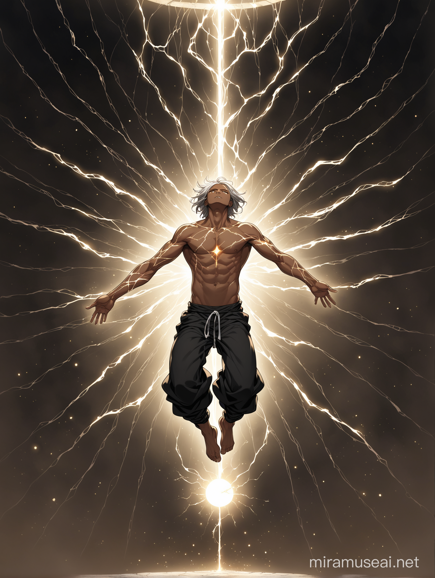 A tan man with light gray hair and golden eyes. His hair is very long, he is shirtless and there are cracks in his body that are glowing black. He has baggy pants on with wraps around them. His pants are black.  This is a full body image. His hair is long. He is levitating in the air. HIS HAIR IS LONG. He has a lot of cracks in his body. He is currently imprisoned by magic. He is constrained. He is weakened on his knees