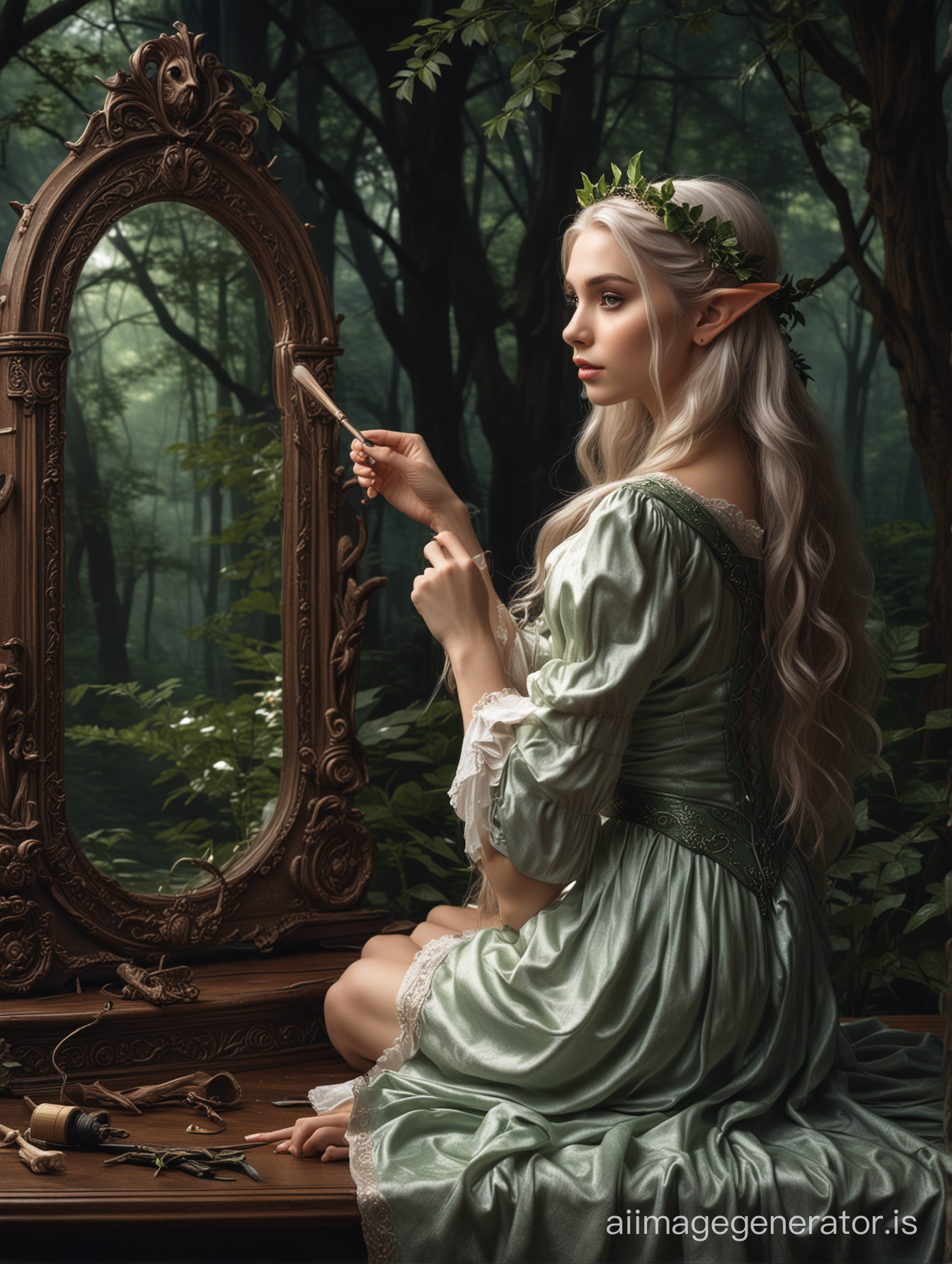 DnD beautiful elf maiden sitting at a desk brushing her hair in a mirror. dark forest background
