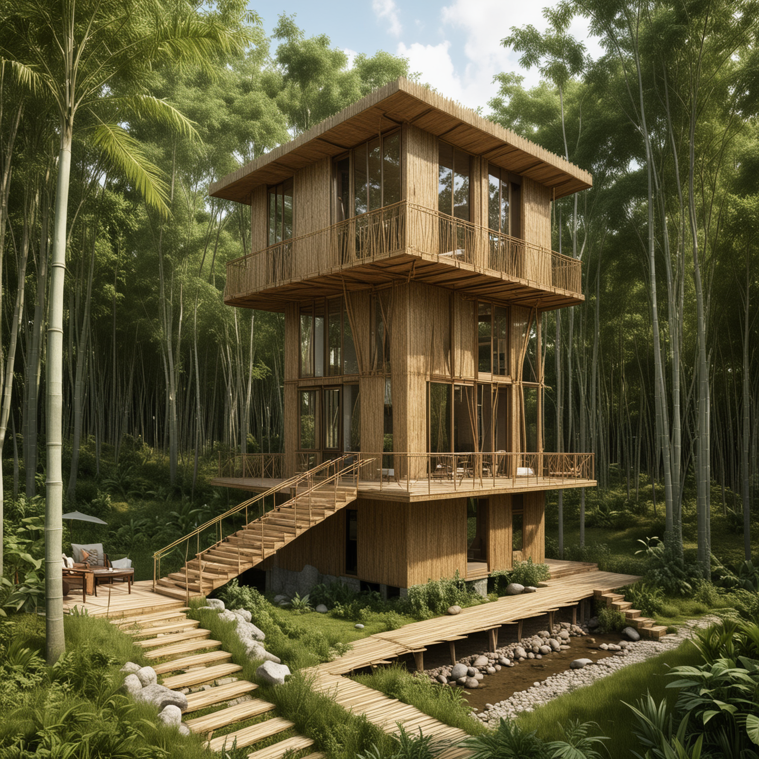 a small house made out of bamboo, The overall architecture of the house should be a futuristic modern design including the walls and roof of the structure. it will be elevated 25 feet high. It should have only three levels: the bottom level should be open without walls or windows, the second level will be open and should have a overhang platform with lounge area for people to sit and overlook a nearby river, the third and last level will have windows around for a panoramic view.  .The stairs leading up to the villa should be inside the hyperbolic tower