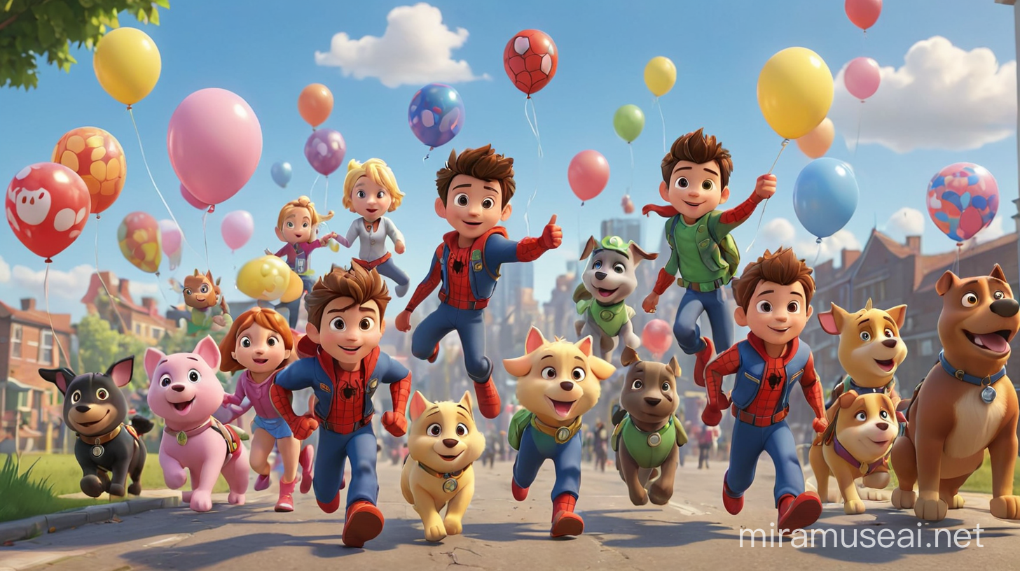 Colorful Cartoon Balloon Party Kids Enjoying Sunny Summer Day in Full HD 4K 3D Art