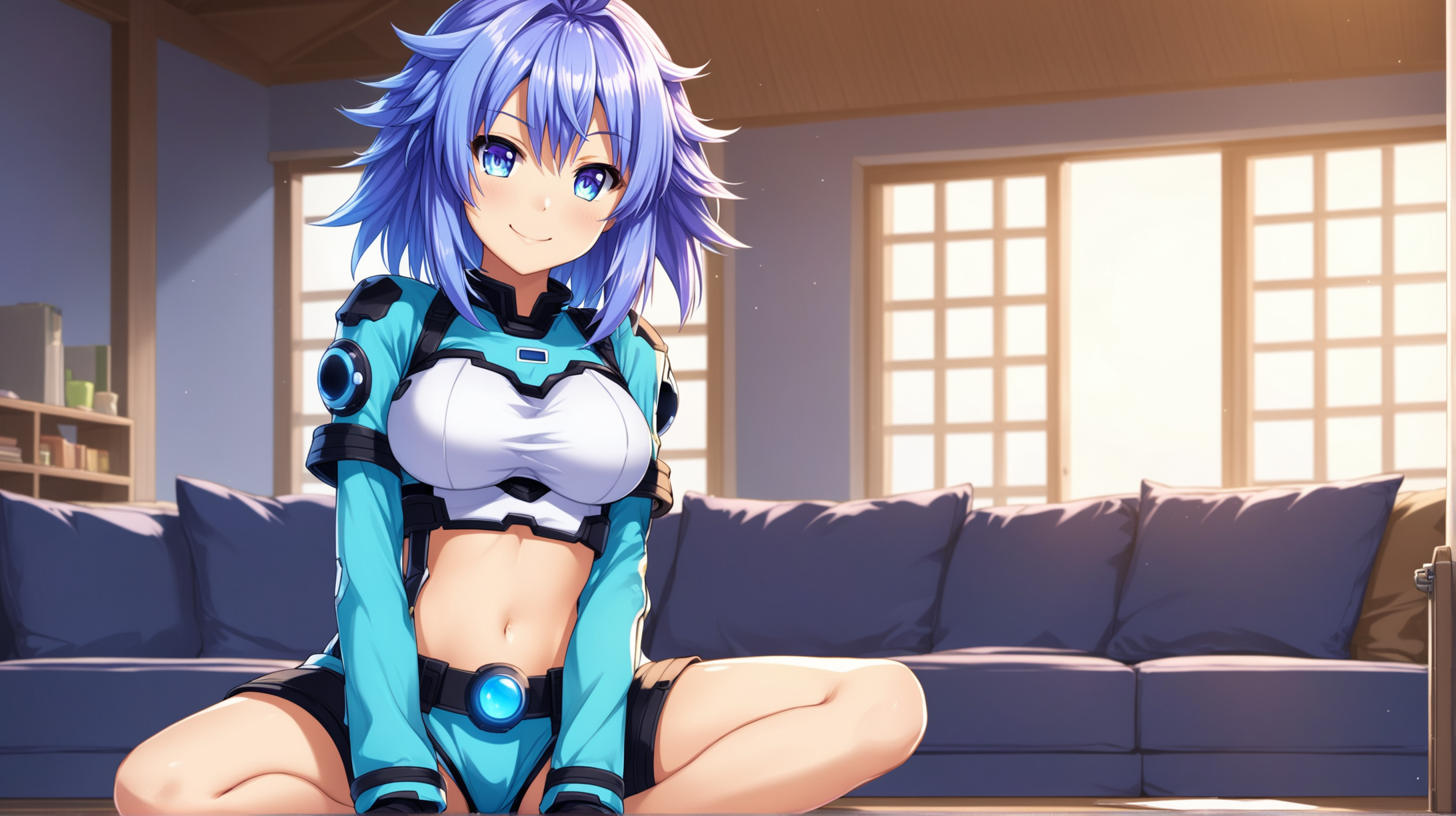 Neptune from Hyperdimension Neptunia in FalloutInspired Outfit Smiling Indoors