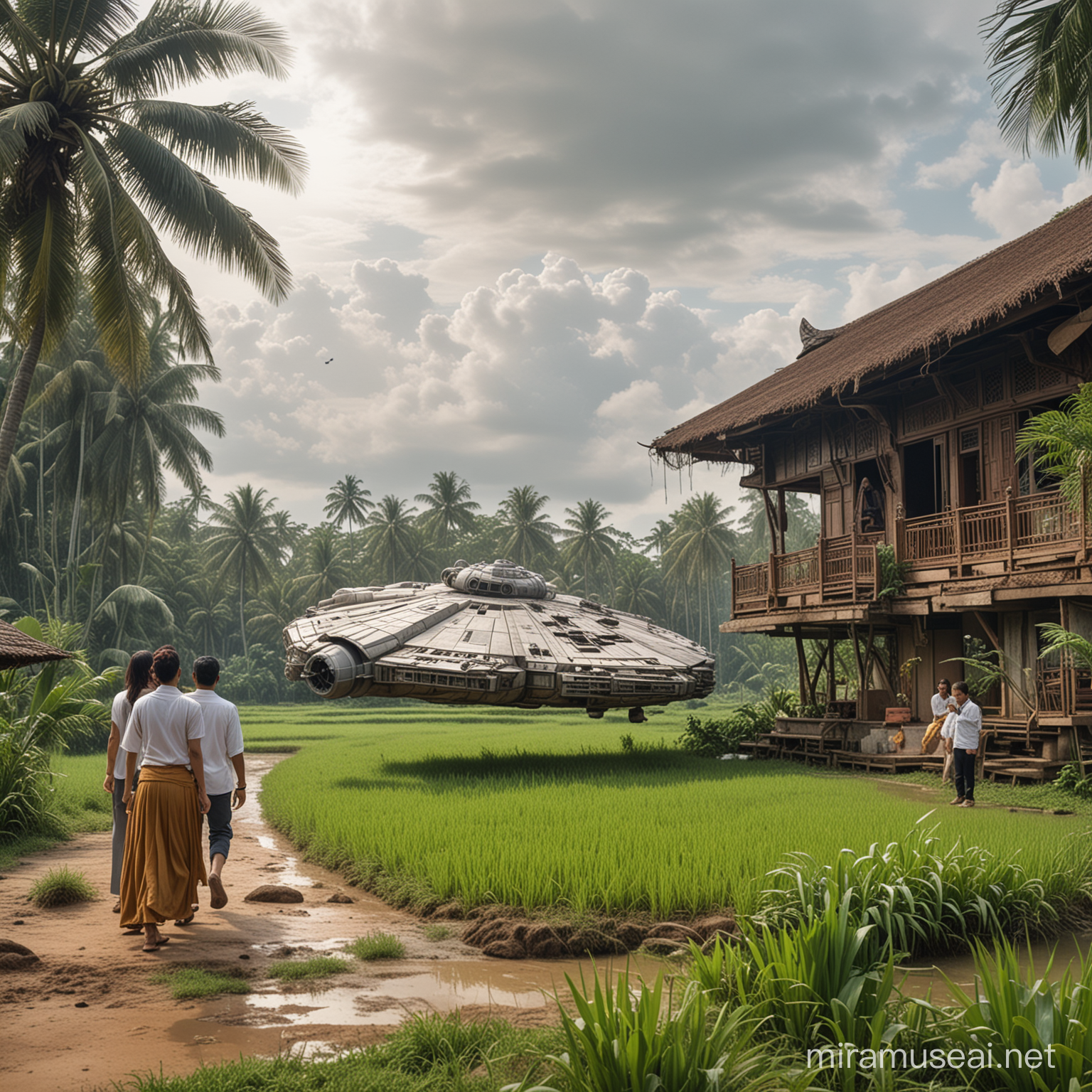 A millenium Falcon is landing, being watch by a Malay couple. Background of a Malay house by paddy field 