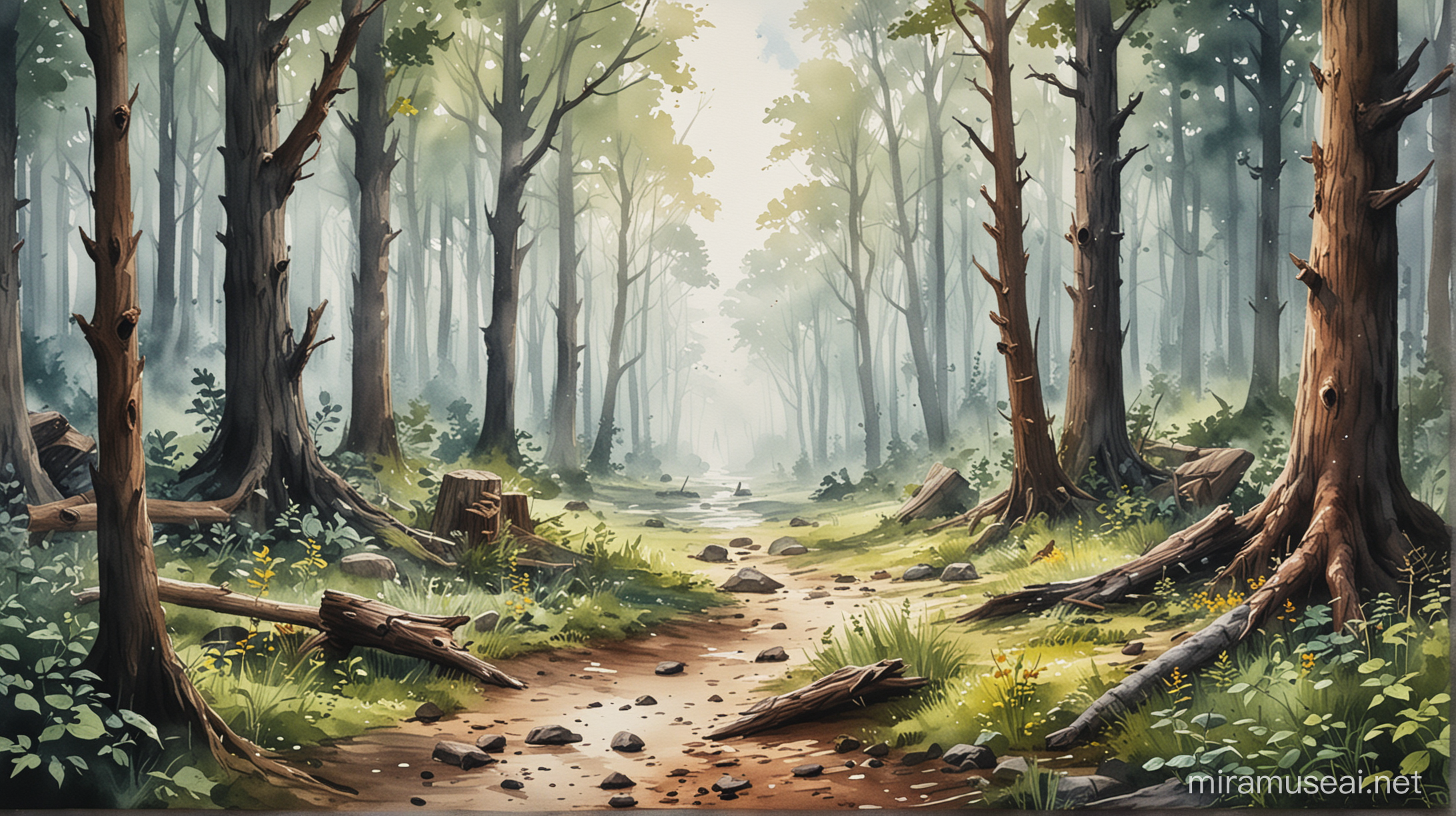 pathless wood game in watercolor