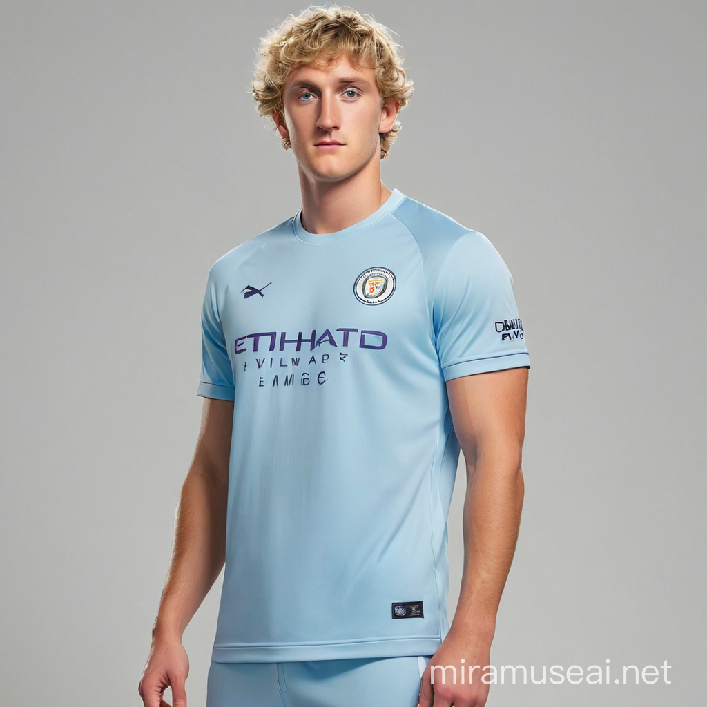LOGAn paul standing up full body and is wearing a man city jersey 