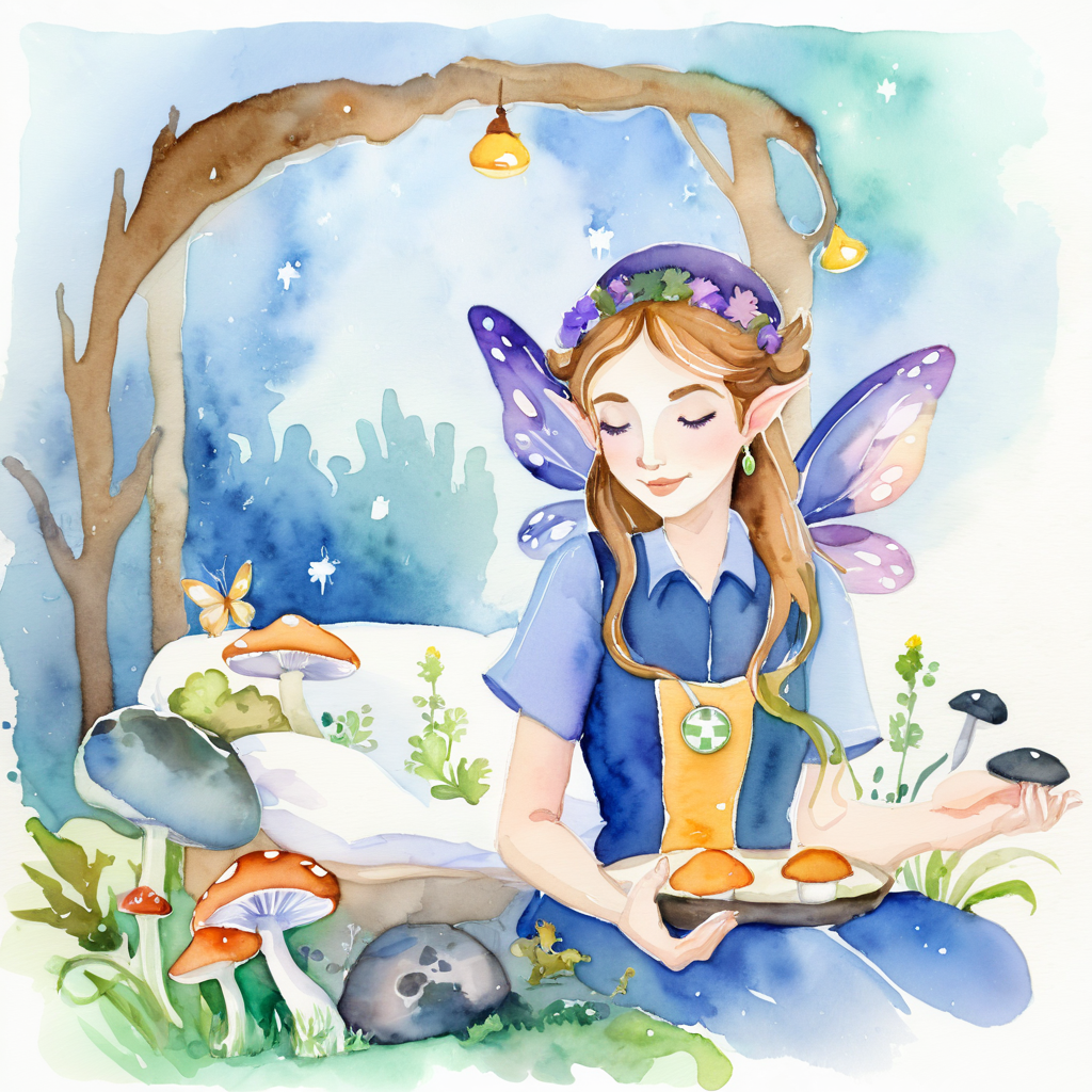 watercolor of fairy doctor by the bed of a sleeping fairy. she holds a mushroom in one hand
