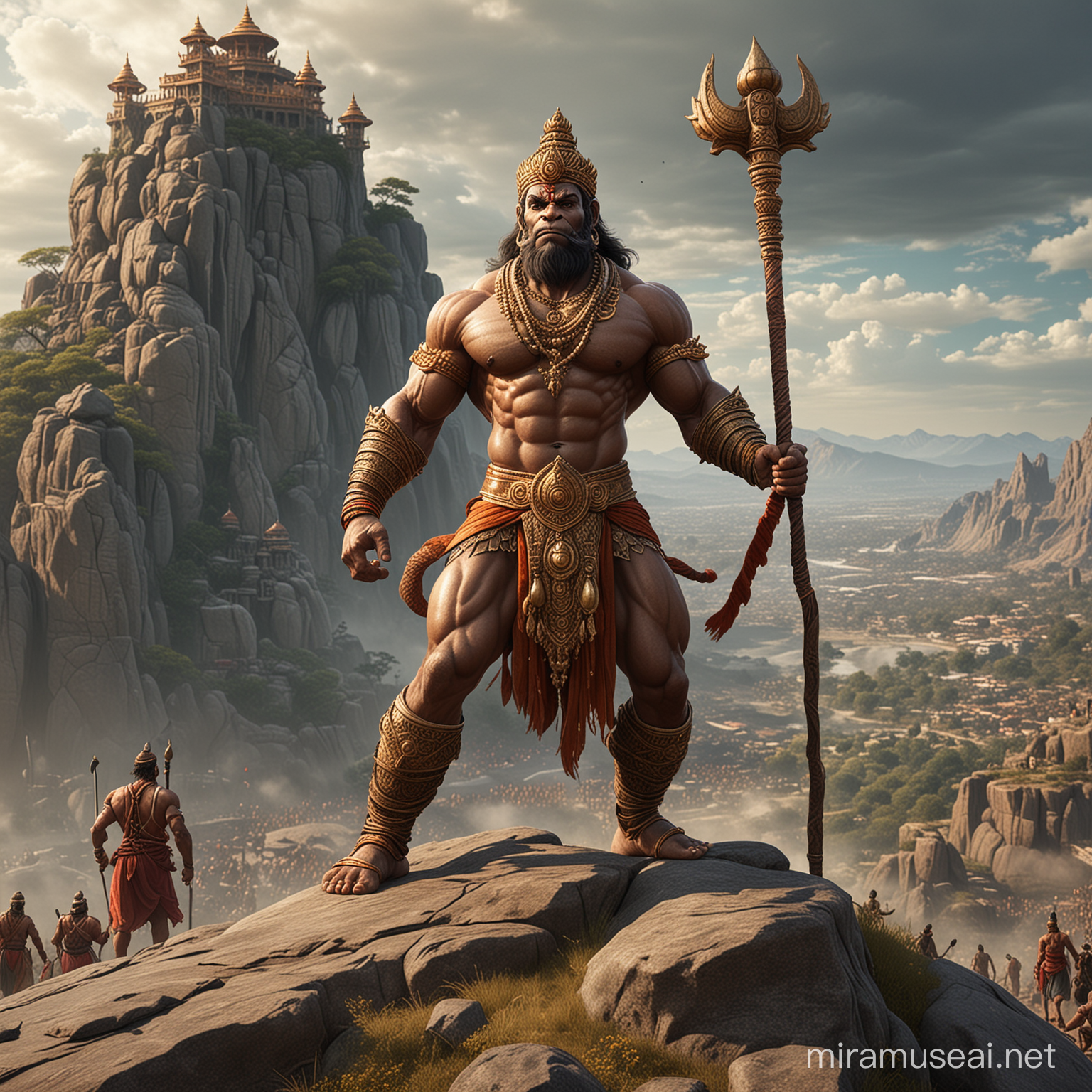 Very muscular and tall Hanuman , wearing crown, carrying a massive Hindu mace front side touching ground, standing on a hill top, one leg stepping on boulder, surrounded by humans, battle field in the background, detailed and intricate environment, dynamic pose, muscles defined with chiseled aesthetics, traditional attire draped elegantly, vivid, ultra realistic.