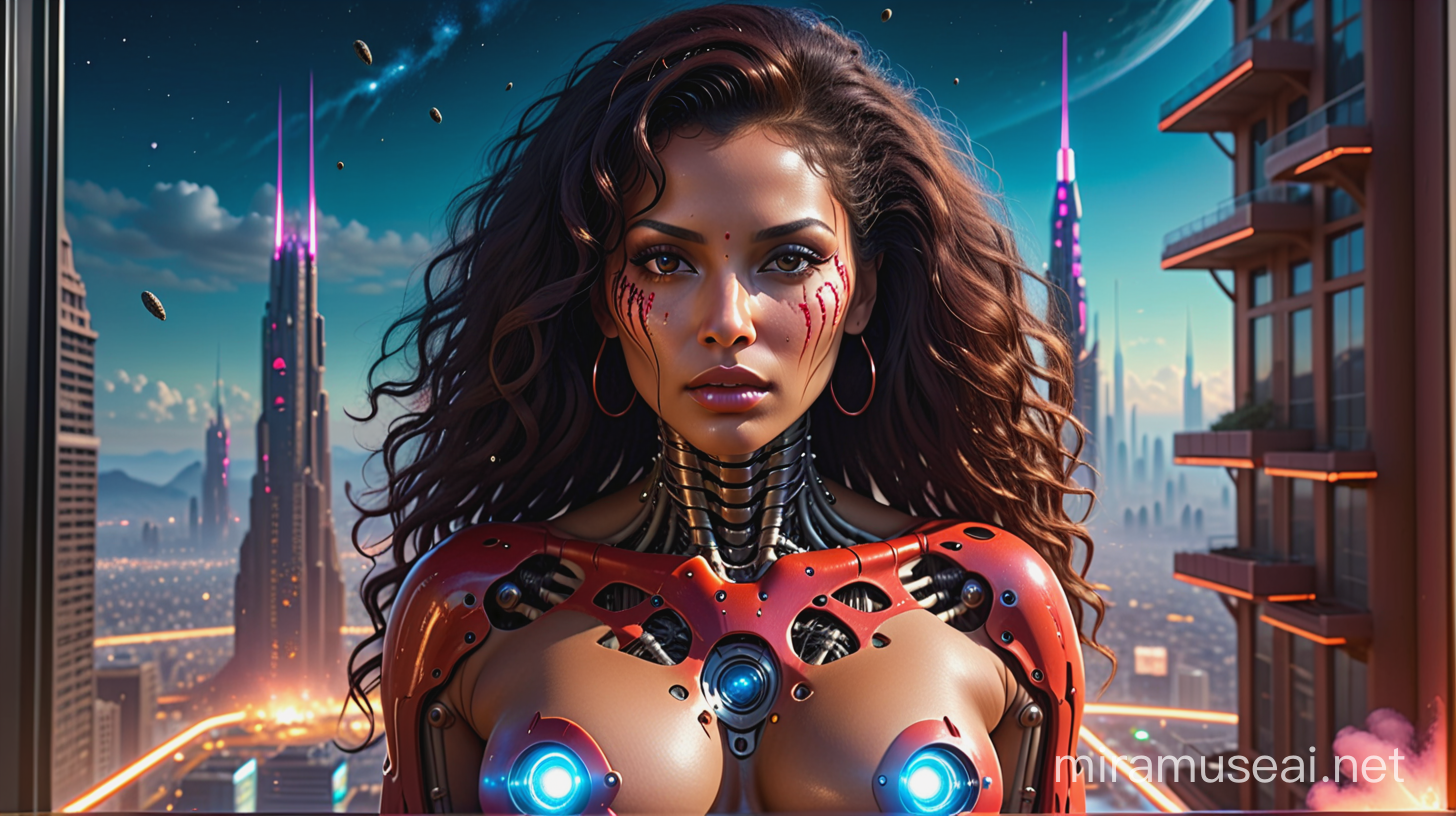 Naked Cyborg Terminator Pam Grier Amidst Futuristic Neon Cityscape