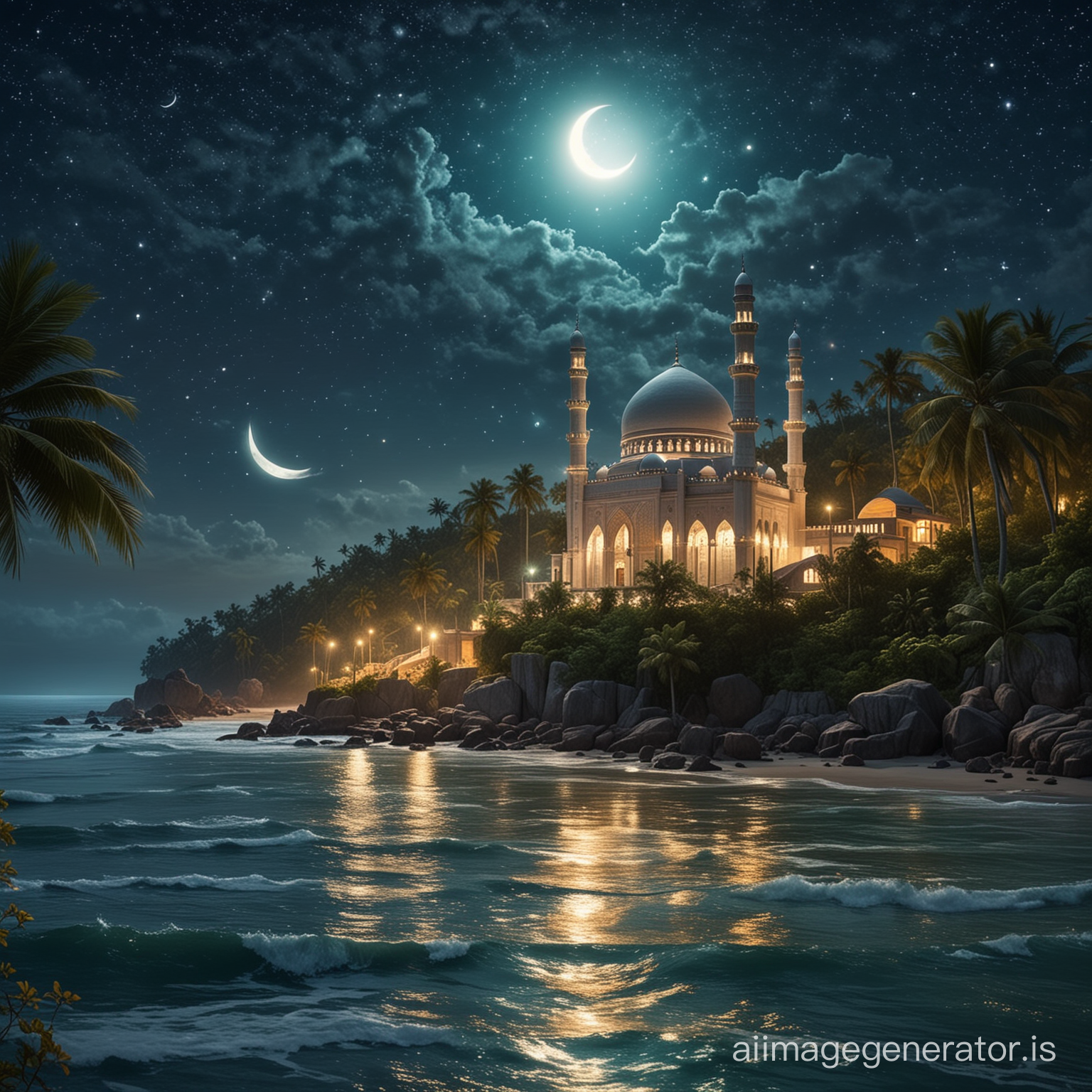 mosque on the ocean in the jungle and eid-ul-fitr  first day moon and stars are shining in the sky