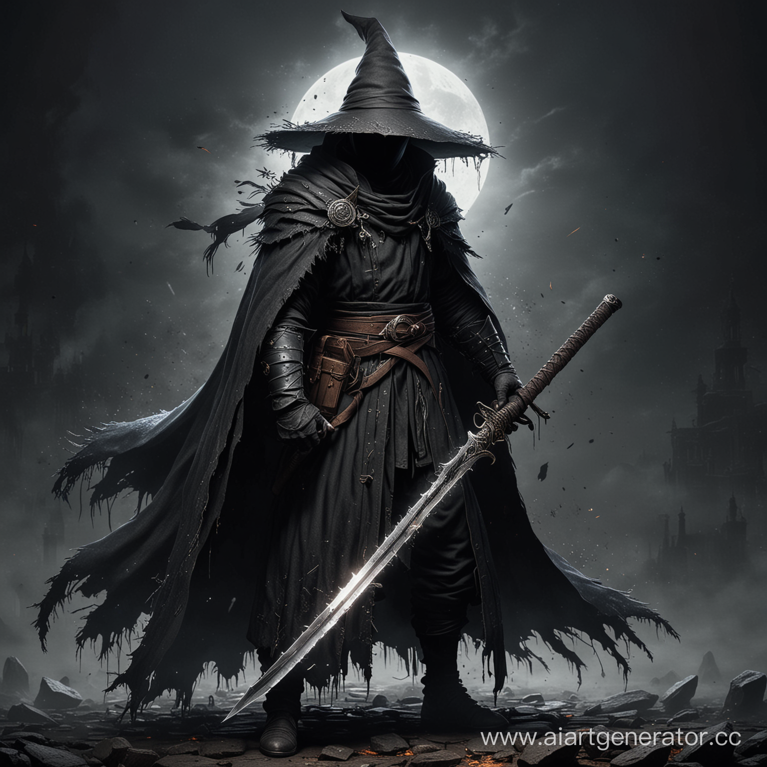 черный маг с катаной в длинной накидке с оборванными нитками на краях в стиле dark souls
