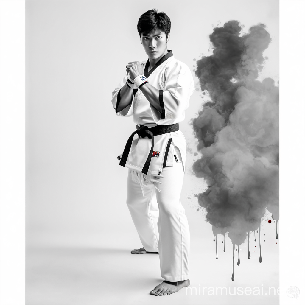 taekwando sparring stance, complete white dobok, comic style, thick outline in black color, 3 flat colors, face looking front, mix blood, non realistic, guarding hands