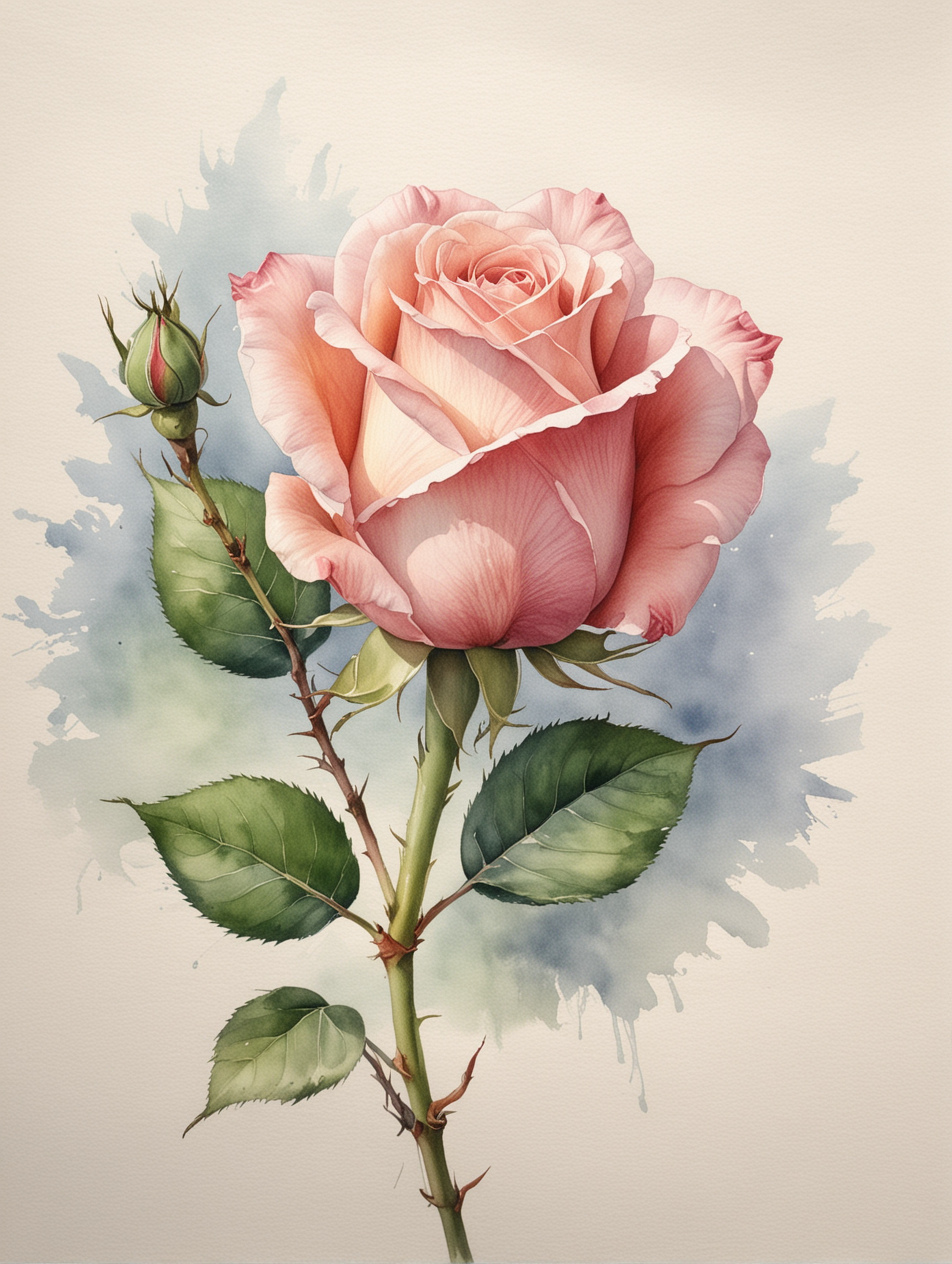 watercolor of a single rose with rose bud