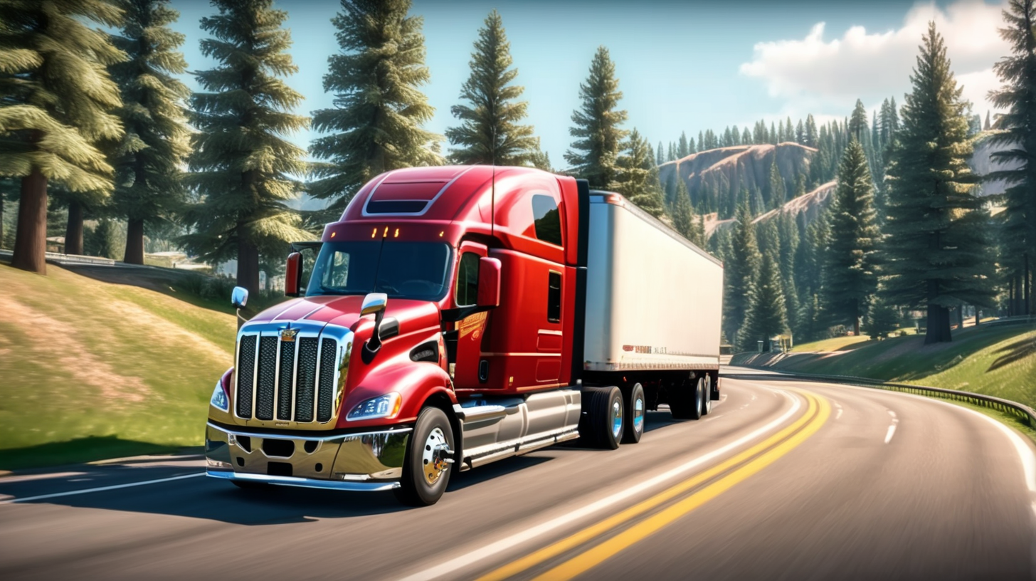 red american truck driving on curve road. showing pine trees, grass roundabout, From the makers of Bus Simulator 2023 comes the new and improved Truck Simulator USA Revolution. Want to know what driving an 18 Wheeler feels like? Truck Simulator USA offers a real trucking experience that will let you explore amazing locations. This American Truck Simulator features many American and European semi truck brands and all kinds of big rigs with realistic engine sounds and detailed interiors! Drive across America, transport cool trailers such as vehicles, gasoline, gravel, food, ship anchors, helicopters, and many more, red american truck driving on curve road. showing pine trees, grass roundabout
