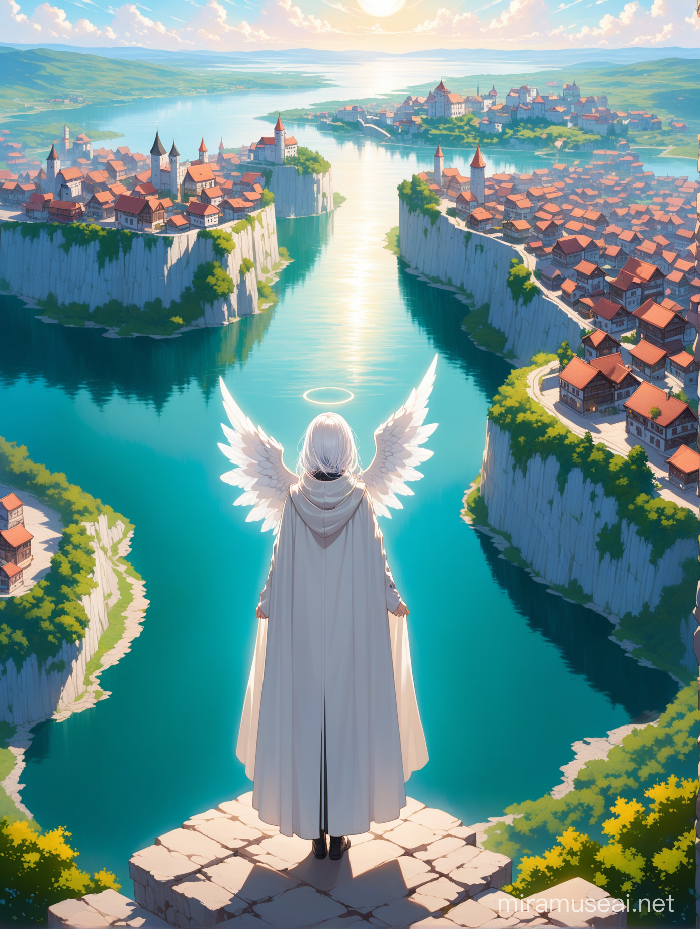 A woman who has white hair and is overlooking a small town on a cliff. This city is in the middle of a lake and has walls around them. She is facing the small town. She has a cloak on and angel wings