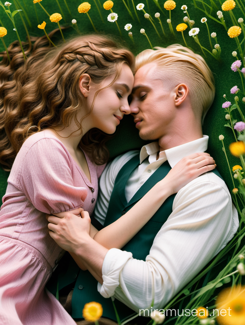 draco malfoy and curly haired hermione Granger lying together in love in a field of wildflowers