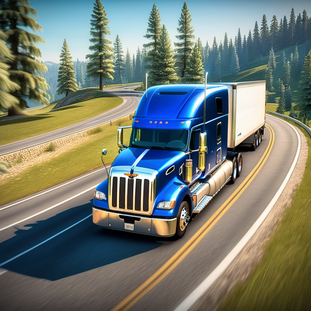 Blue american truck driving on curve road. showing pine trees, grass roundabout, From the makers of Bus Simulator 2023 comes the new and improved Truck Simulator USA Revolution. Want to know what driving an 18 Wheeler feels like? Truck Simulator USA offers a real trucking experience that will let you explore amazing locations. This American Truck Simulator features many American and European semi truck brands and all kinds of big rigs with realistic engine sounds and detailed interiors! Drive across America, transport cool trailers such as vehicles, gasoline, gravel, food, ship anchors, helicopters, and many more, Blue american truck driving on curve road. showing pine trees, grass roundabout