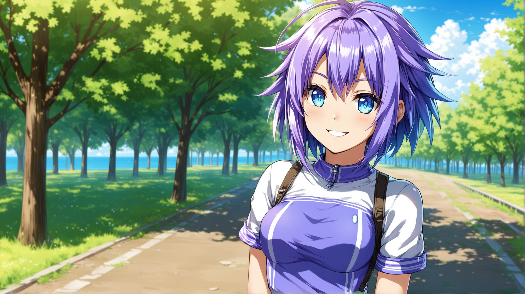 Draw the Hyperdimension Neptunia character Neptune, with short hair, high quality, outdoors, casual pose, an outfit and setting inspired from the Fallout game series, smiling at the viewer