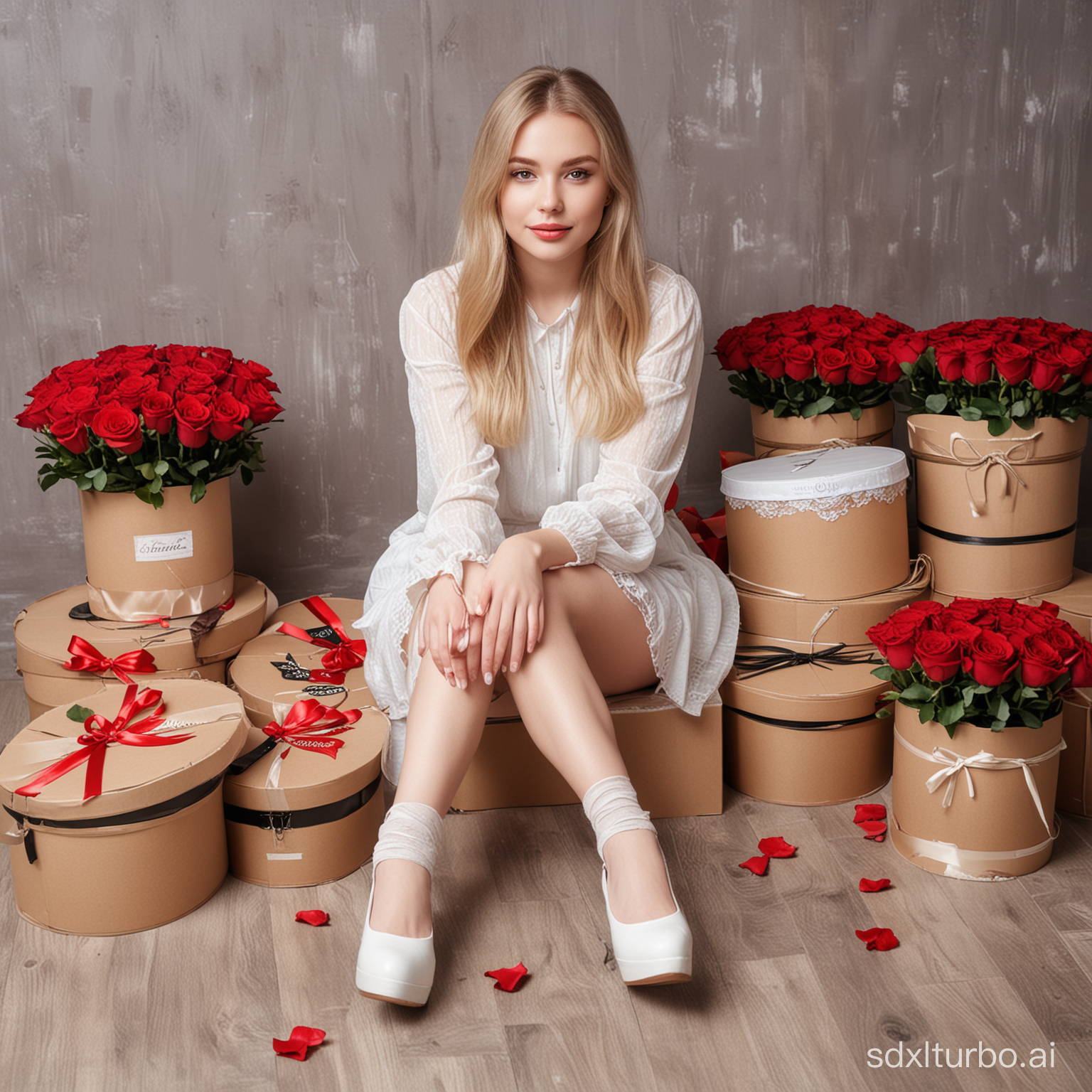 A beautiful white-skinned girl is sitting on the floor. Next to her are a lot of hatboxes with red roses