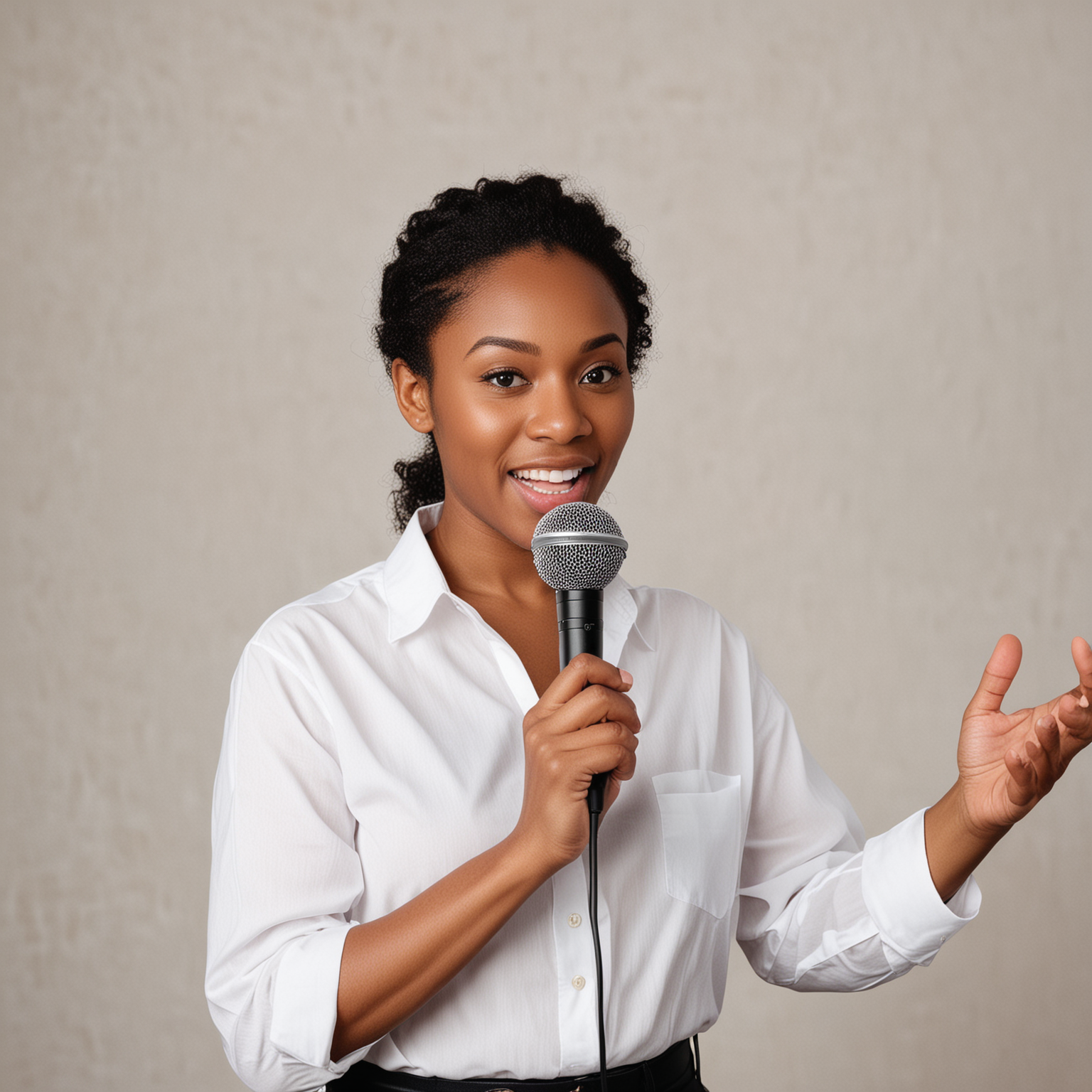 Confident Black Woman Speaking into Microphone in Elegant White Shirt