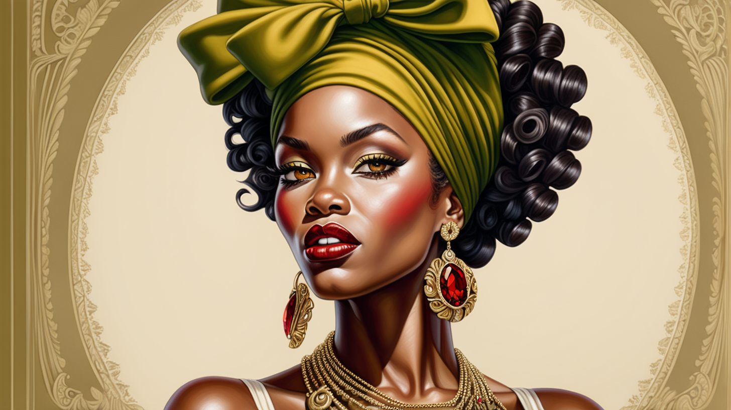 Photorealistic
melanin, african woman, big
curls in a pin - up style in a
headwrap, luxury colors of
olive green, red, and yellow
neck jewels, gold earrings,
ornate well rendered, intricate
details 