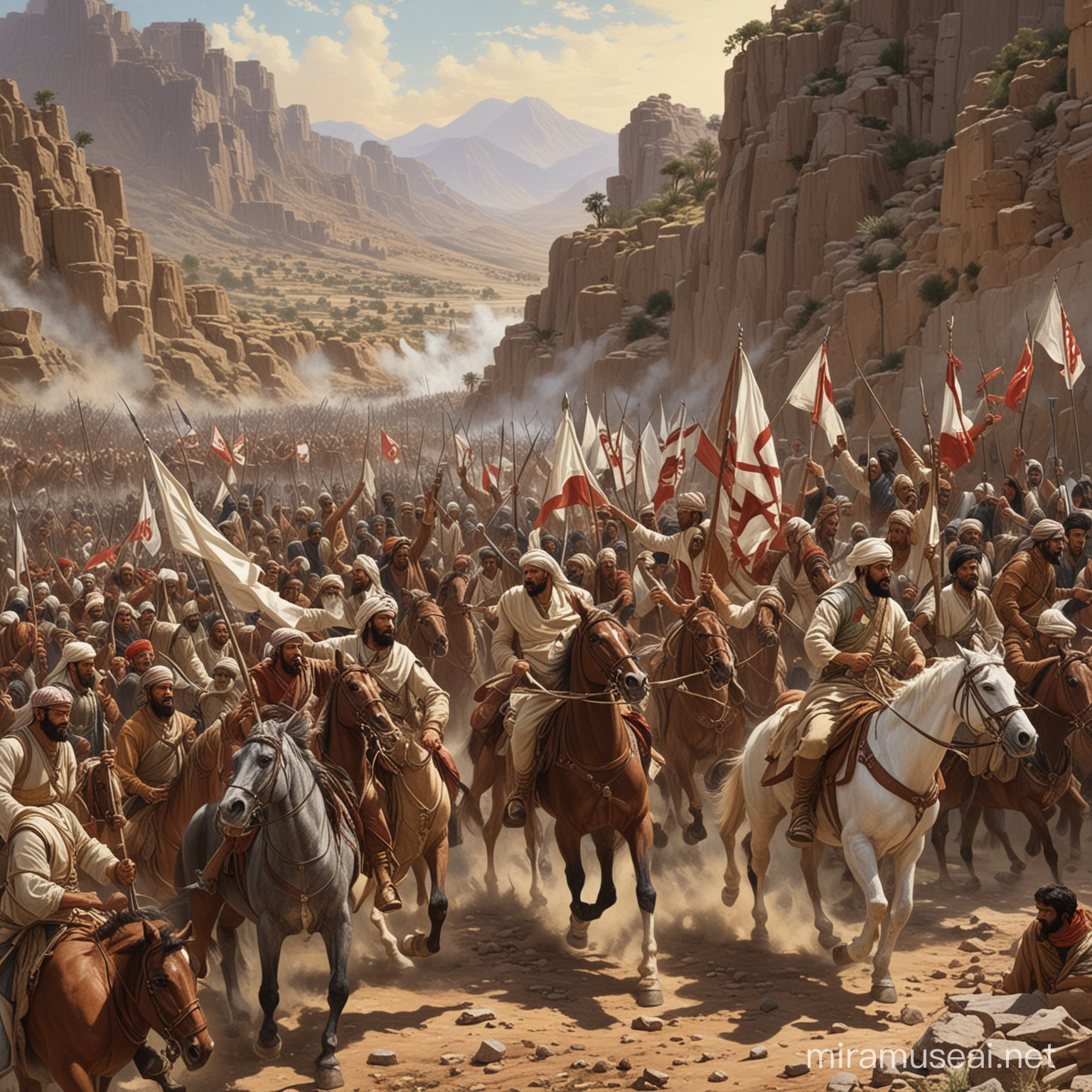 The Conquest of Khyber:
Khyber is a township 90 miles north of Medina, in a harra or volcanic tract, well-watered with many springs issuing forth from its basaltic rocks.
In [618 AD], a coalition of tribesmen, led by [Ali ibn Talib], launches a daring assault on the fortress of Khaybar, braving arrows and swords to claim victory. Through moments of chaos and heroism, they breach the gates, securing a hard-won triumph that echoes through the annals of history. Show only white flags. fights between jewish and pagan muslims.