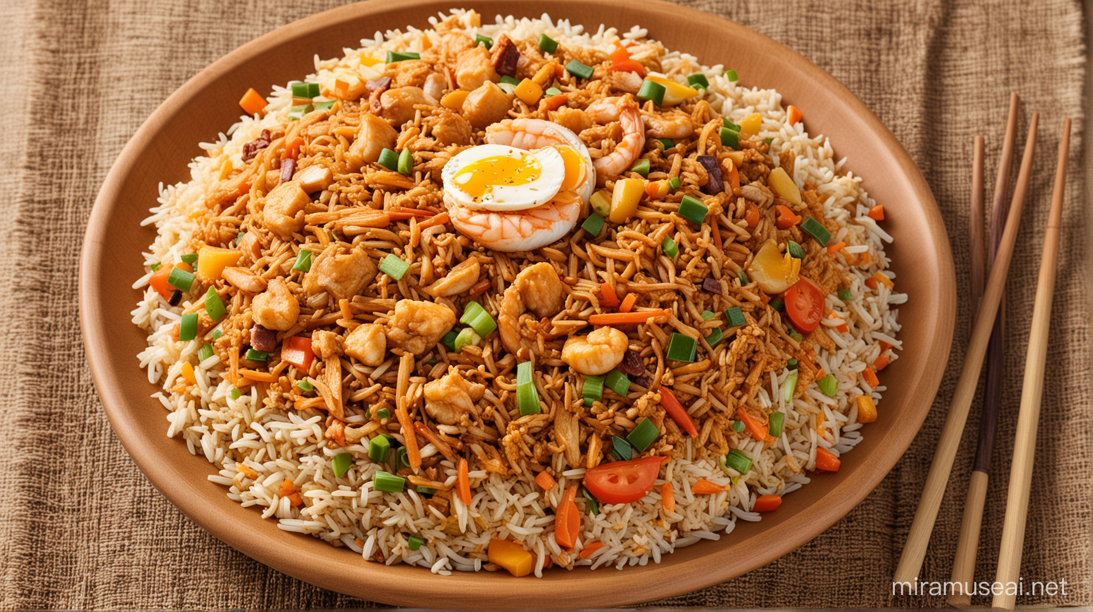 Nasi Goreng Indonesia: Nasi Goreng is a famous Indonesian fried rice dish, with soft cooked rice stir-fried with chicken or shrimp, eggs, vegetables and spices, creating a rich and attractive image of the Southeast region. ASIAN.