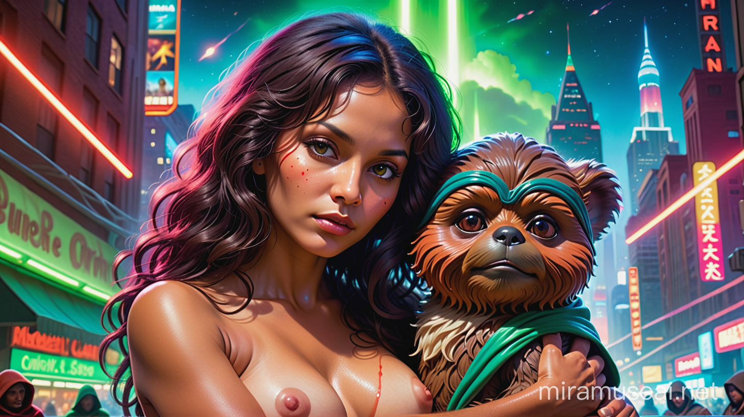 Michelangelo’s ‘Pietà, but with a hyper realistic, extreme close up of a photogenic, very young and fully naked Pam Grier cradling a dead Ewok amidst a stunningly beautiful, densely lit, neon green and red colored futuristic, alien city with blue incandescent lightning, multiple red tinged, smoke plume filled explosions and multiple neon red lens flares across a gorgeous starlit night sky with multiple spacecraft. 