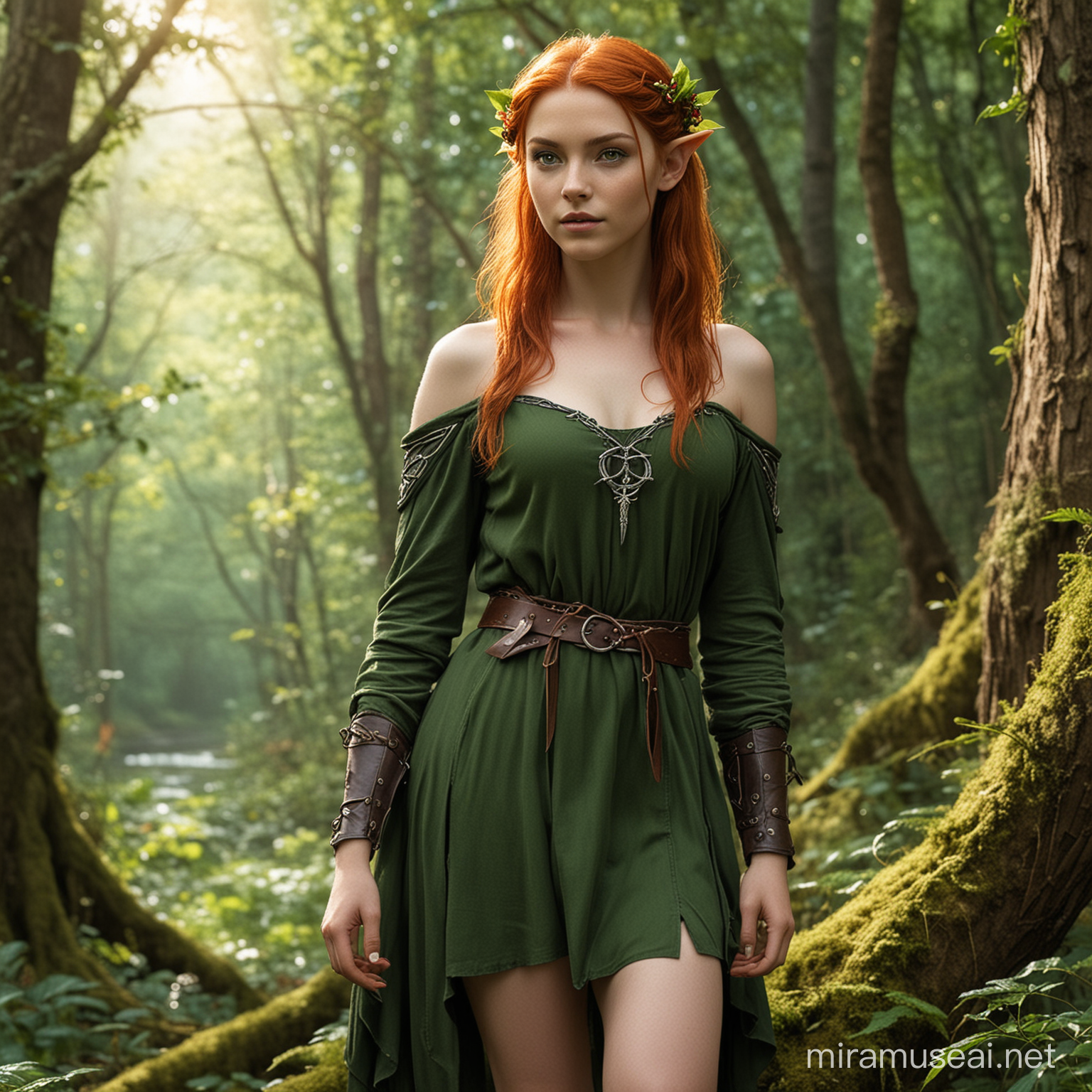 A gorgeous young druid female wood elf with a medium bust size red head green eyes in nature knee length