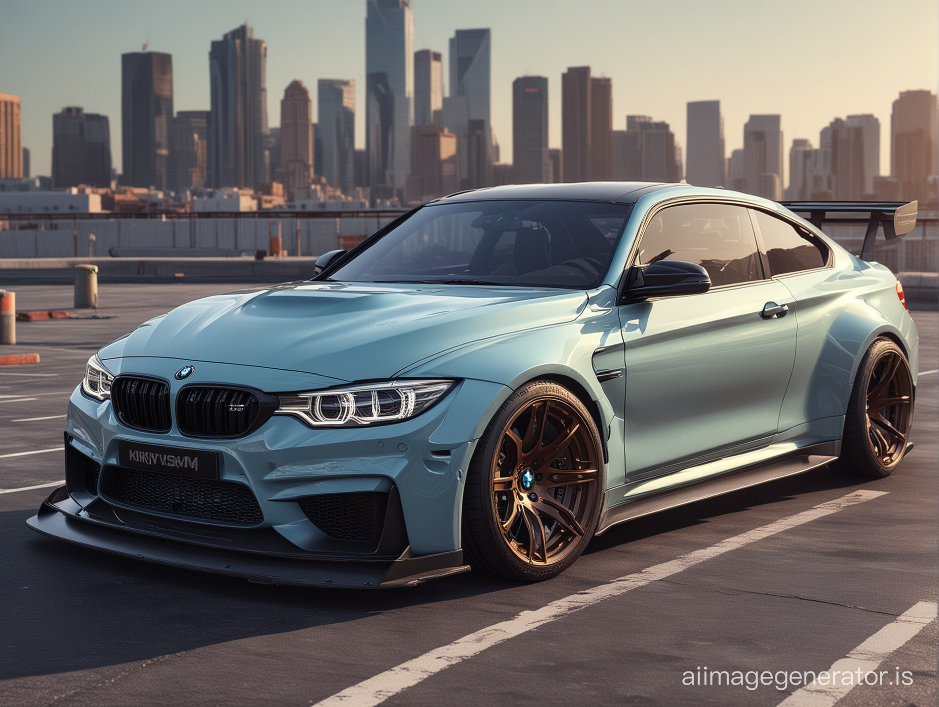 Khyzyl Saleem version of a BMW M4 with design cues taken from the front of a BMW E30 M3. Rooftop of a modern city