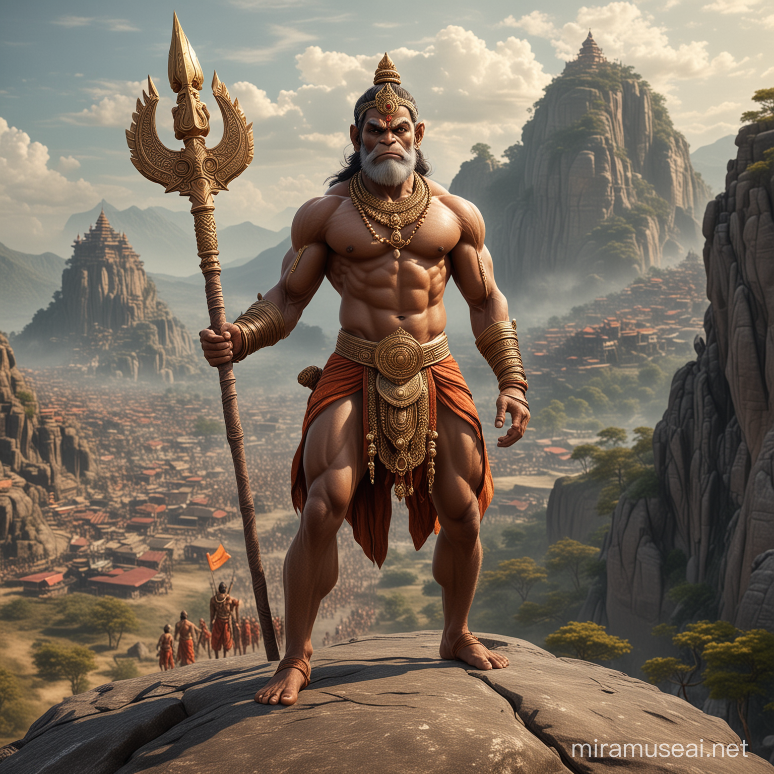 Very muscular and tall Hanuman clean shaved, wearing crown, carrying a massive Hanuman weapon front side touching ground, standing on a hill top one leg stepping on a big rock, surrounded by humans, battle field in the background, detailed and intricate environment, dynamic pose, muscles defined with chiseled aesthetics, traditional attire draped elegantly, vivid, ultra realistic.