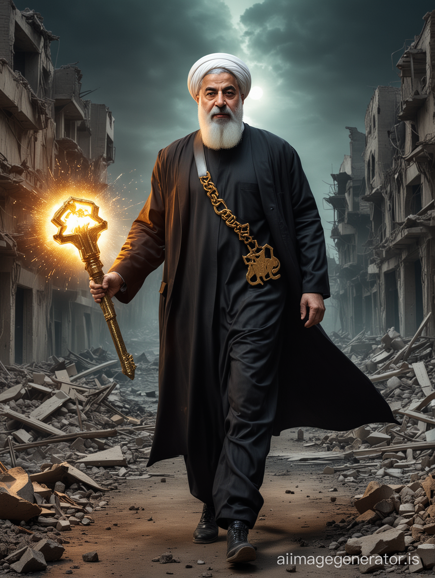 logo of hasan rouhani holding a  big golden key , an explosion behind , he is walking proudley with strong expression and determination among the destructions and ruines ,wearing gangster suit ,on a warzone, realism , neon light 