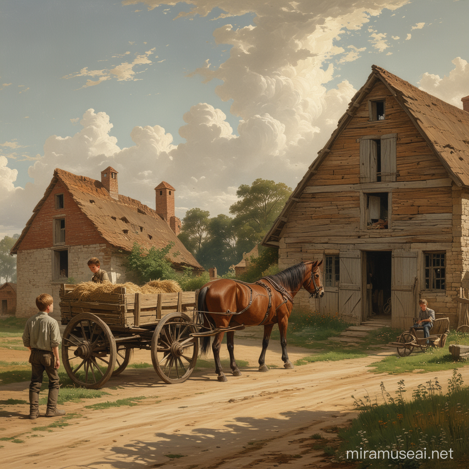 A farm with a cart and a horse and a boy in profile
