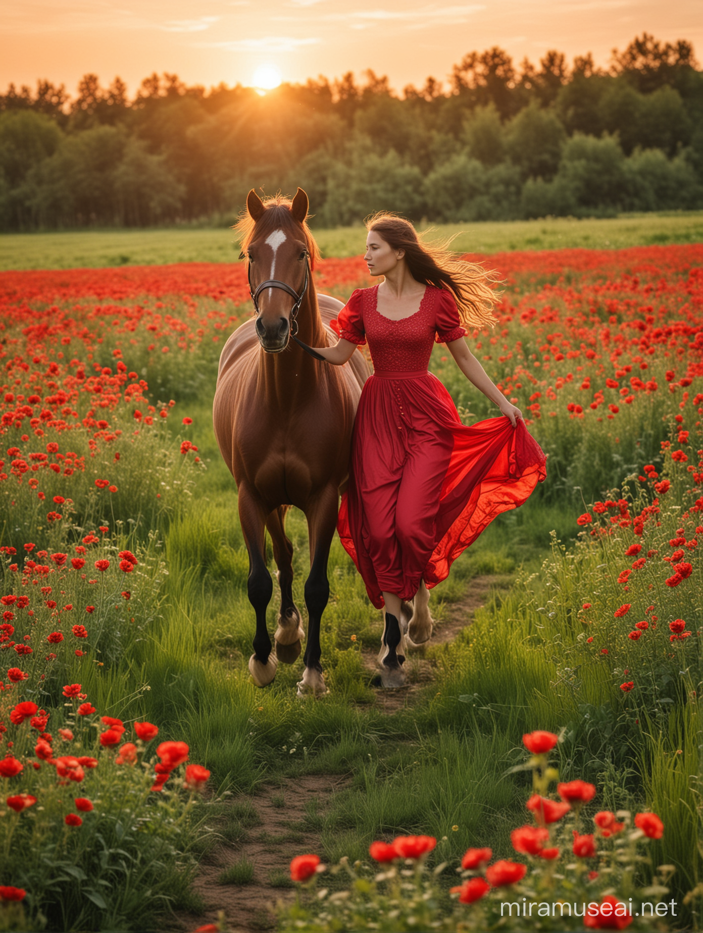 A girl in a red vintage dress is running after her horse in a green field full of red flowers and it is a beautiful sunset.