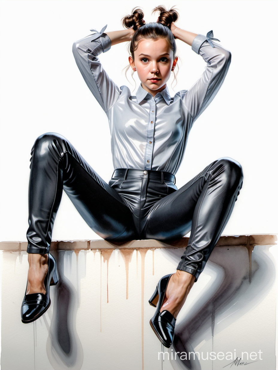 Alex Maleev illustration depicting smirking young Millie Bobby Brown wearing school blouse and shiny tight black leather pants, arms over her head, gray flat pumps, bun hair, lying down with one leg stretched and one leg bent on dirty white surface, watercolor, white background, no distortion, gray palette, insanely high detail, very high quality, seen from below, low angle view, forced perspective