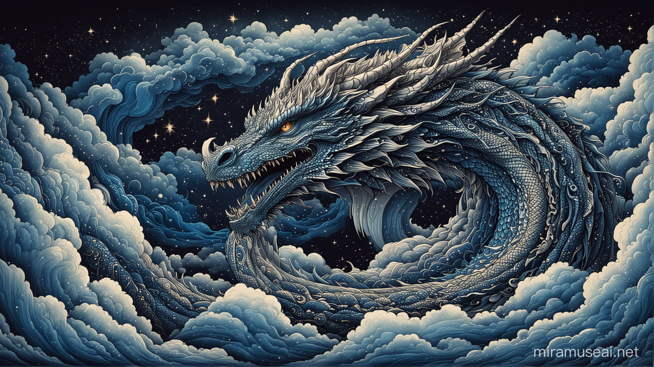 A powerful dragon spirit composed of undulating line art, its sinuous body intertwined with stylized clouds and cosmic motifs against a deep blue background