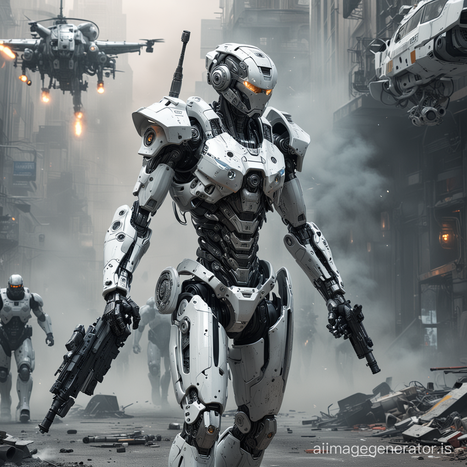 A detailed complex mechanical cyborg in a futuristic sci-fi 3D render with white and silver metallic body parts, carrying a futuristic weapon, with dramatic lighting effects, with a squad of police cyborgs and a police helicopter in the background, surrounded by smoke and dust effects, street photography, concept art, gaming art, high-res, high-quality.