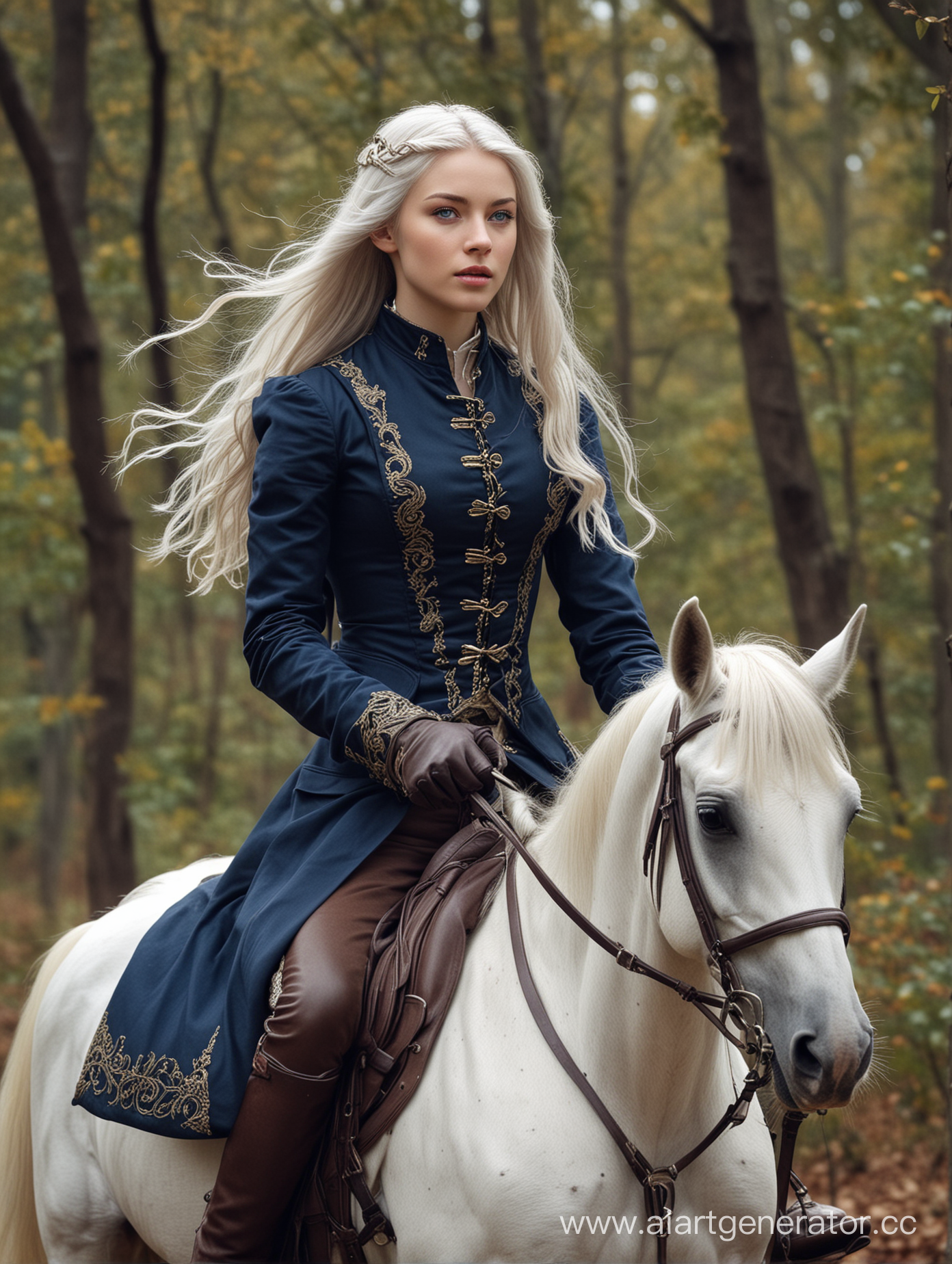 1girl, 20 years, solo, long hair, silver-white hair, blue eyes, pale skin, aristocratic atmosphere, victorian artstyle, darkener, emotionless face, riding suit, women's riding suit, horse harness, gloves, medieval fantasy atmosphere, forest, in motion, detailed crossbow, arbalest, horse riding, hair flying in the wind, nobility, beautiful face, elegant face, graceful appearance