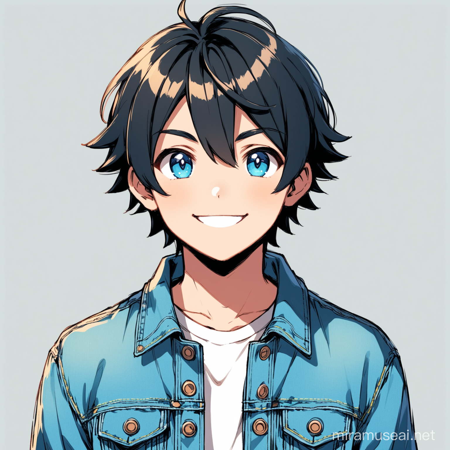 Pokemon-style young man, with blue eyes, black hair, short hair, a denim jacket,  happy, friendly smile, looking at the camera facing forward, front view 2d, straight-on, cute