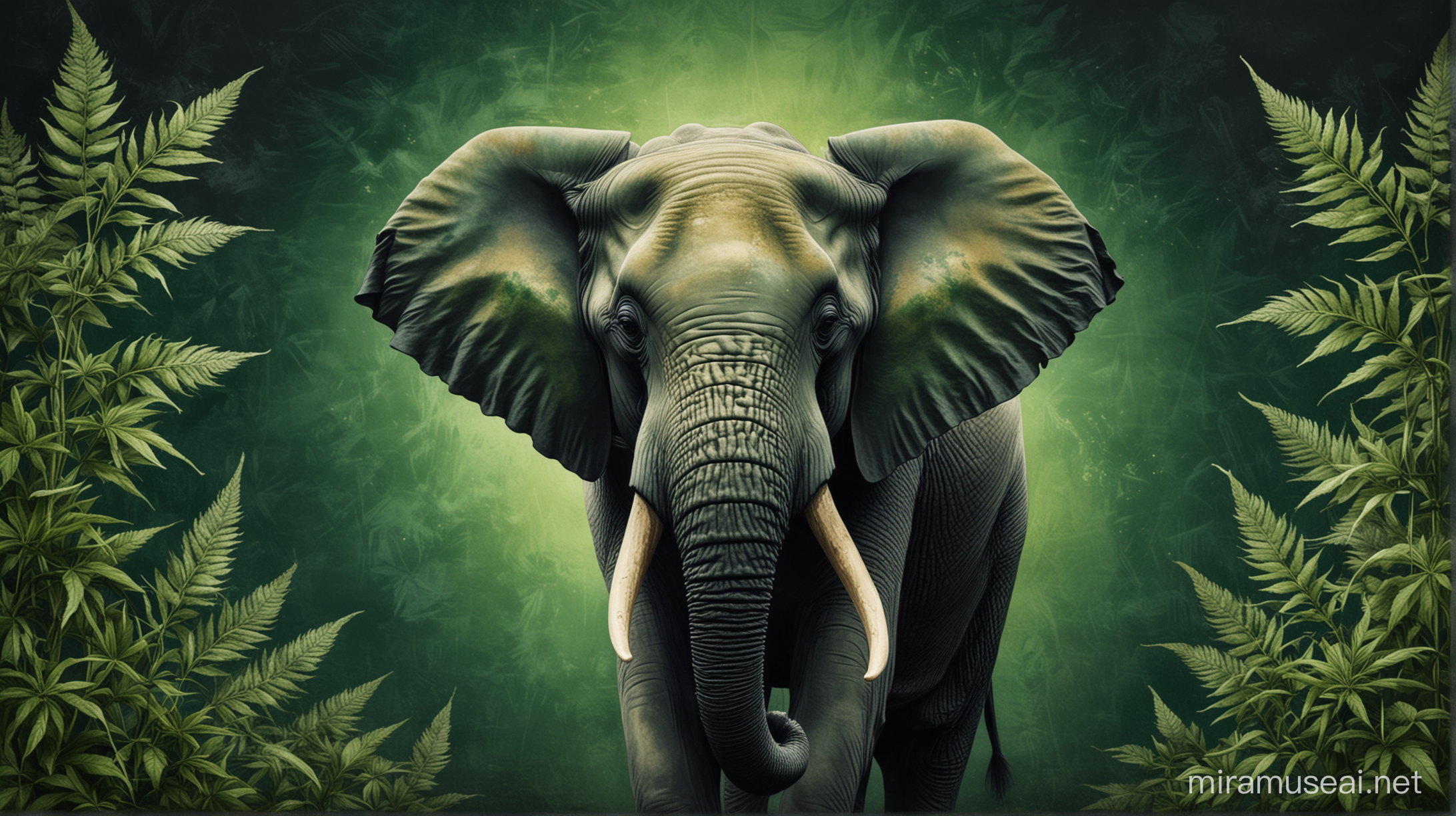Dark green background, with an elephant on the right side facing the camera,Elephant painted in Rastoman style (marijuana elephant)